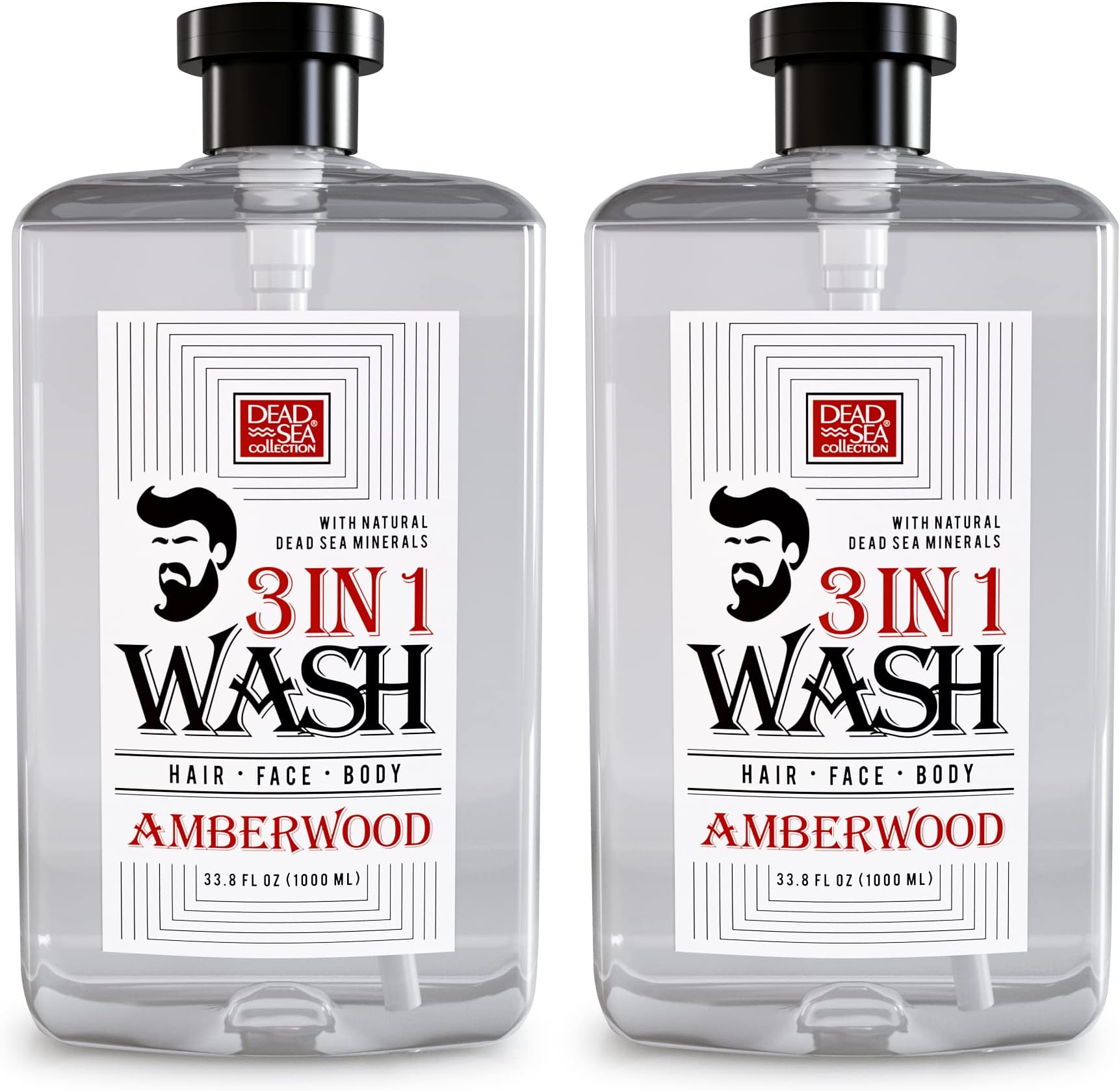 Dead Sea Collection Mens Body Wash 3 in 1 With Pure Amber Wood Oil โ Body Wash for Men โ Shower Gel โ Shampoo โ Shower Soap for Face and Hair โ Pack of 2 Bottles (33.8 Fl. Oz. Each)