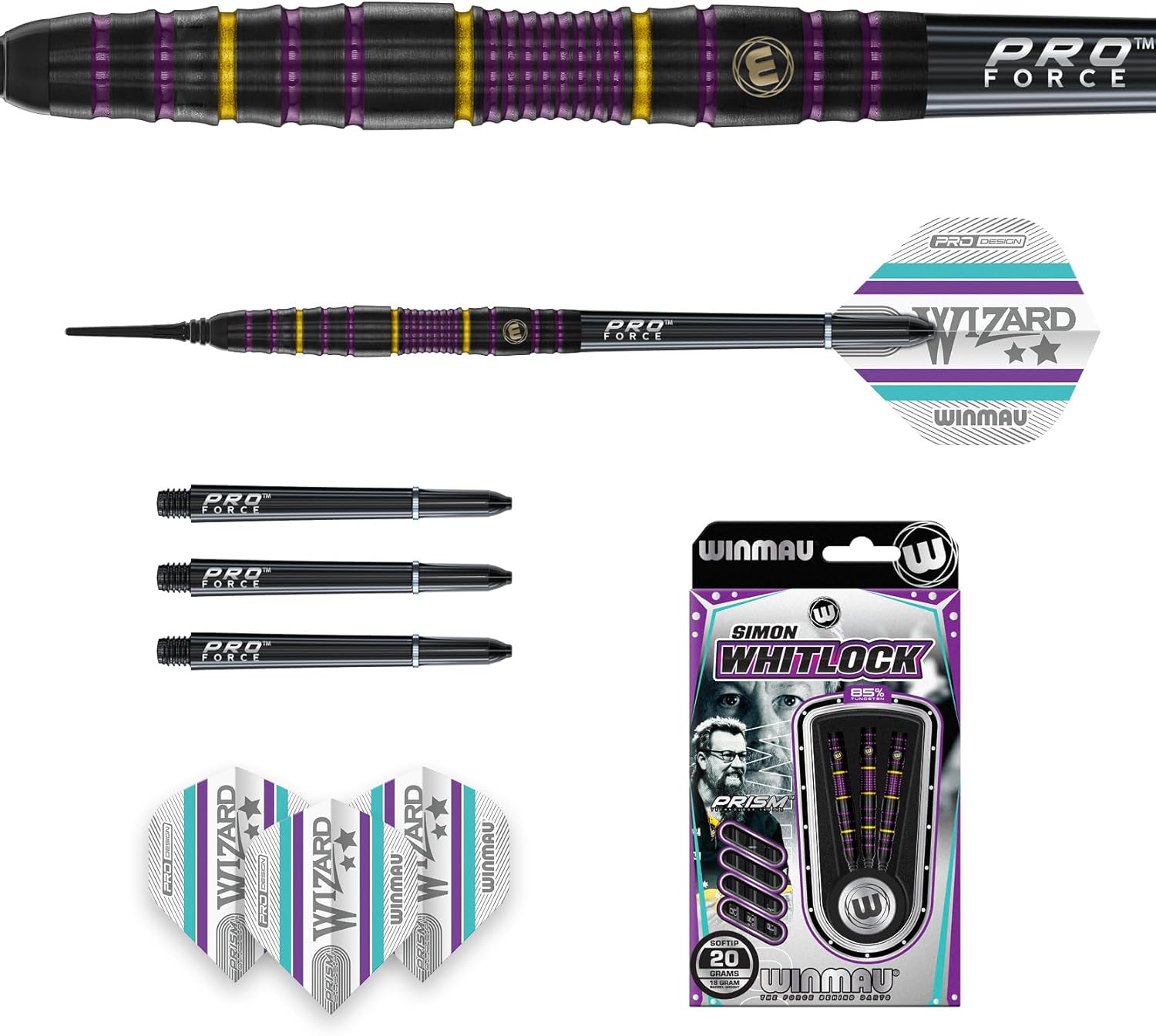 Winmau Simon Whitlock The Wizard 85% Tungsten Edition Professional Tungsten Darts Set with Flights and Stems (Shafts)