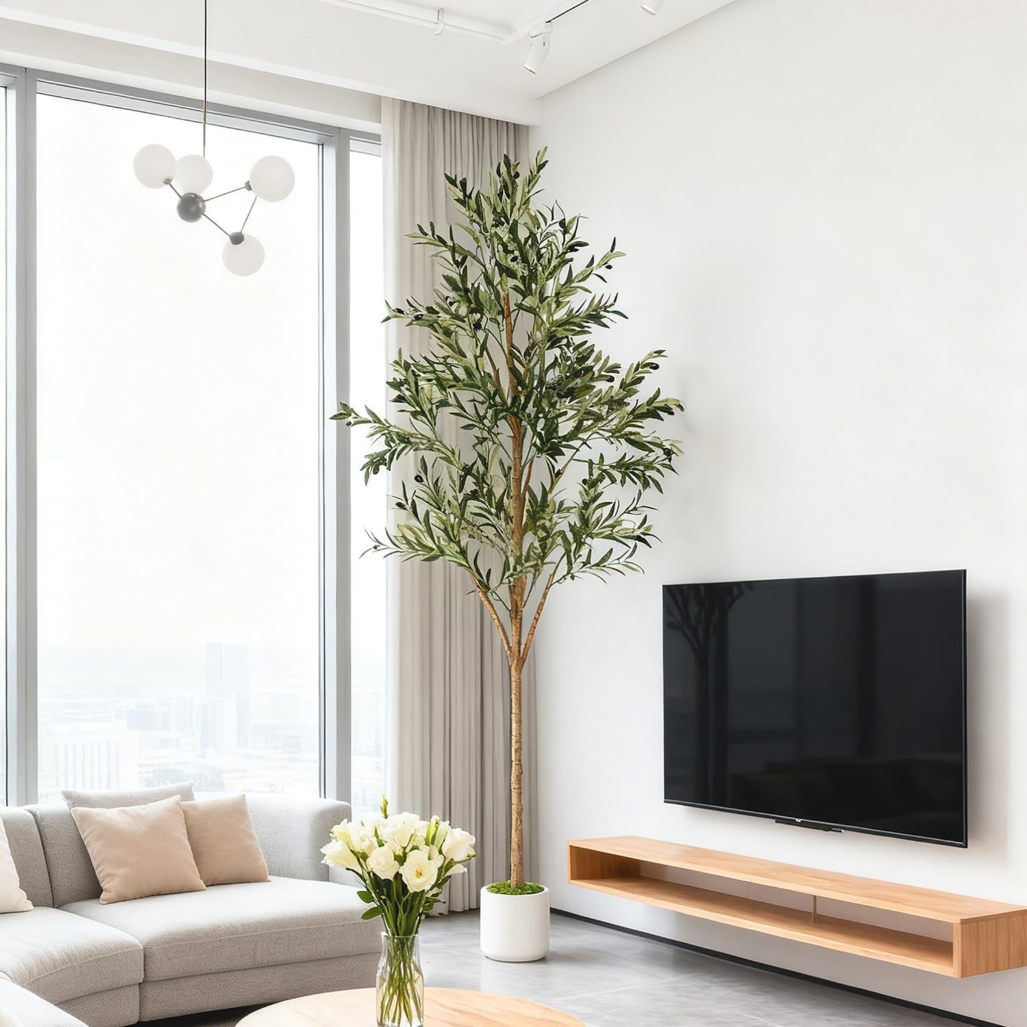 Artificial Olive Tree - Tall Indoor Faux Olive Tree with Planter & Basket, Realistic Fake Olive Tree with Fruits for Home Office Decor Living Room (7ft)