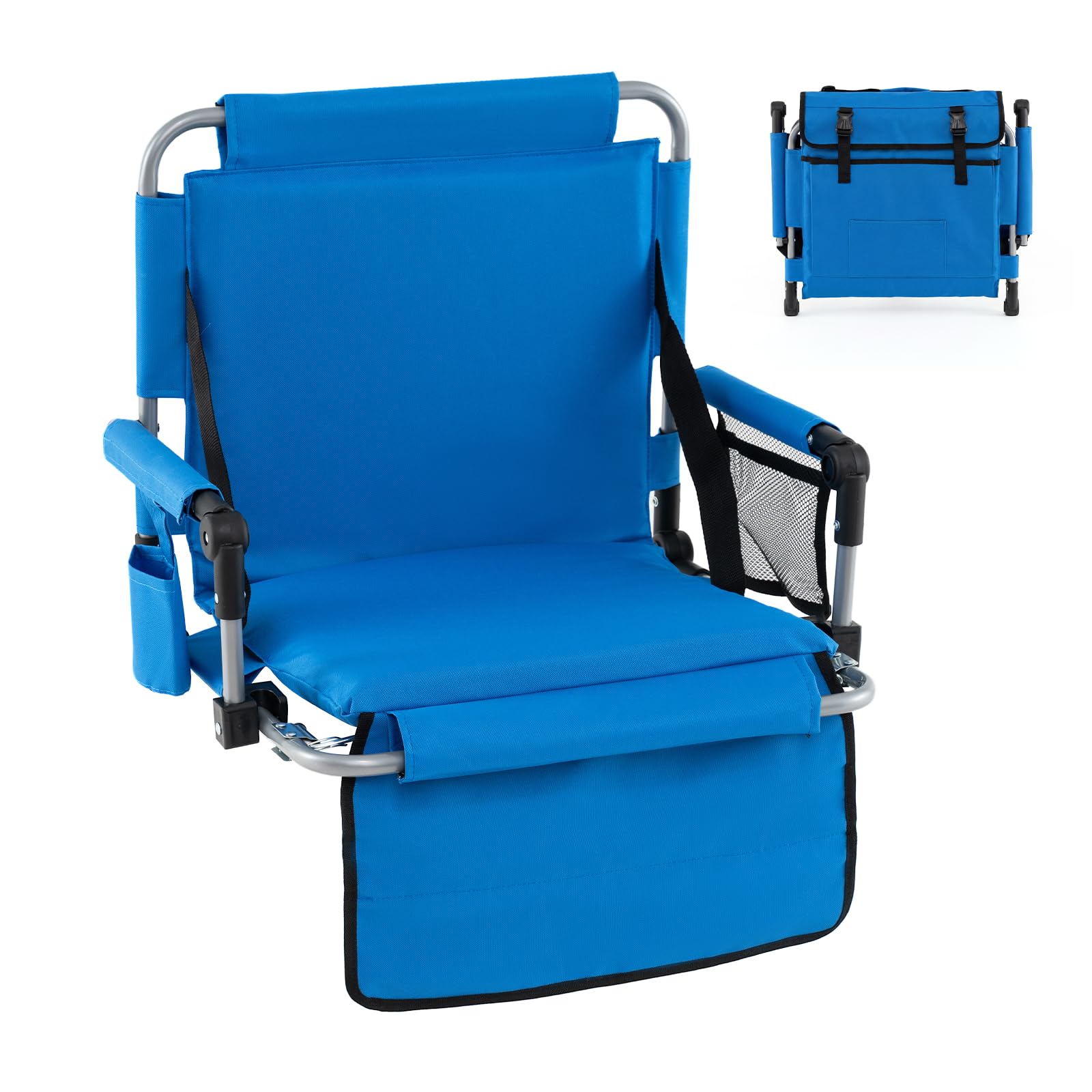 COSTWAY Sedia da Stadio Pieghevole, Sedile per Gradinata in Tessuto Oxford con Schienale, Braccioli, Cuscino Imbottito, Portabicchieri e Tasche, Sedia Portatile con Manico