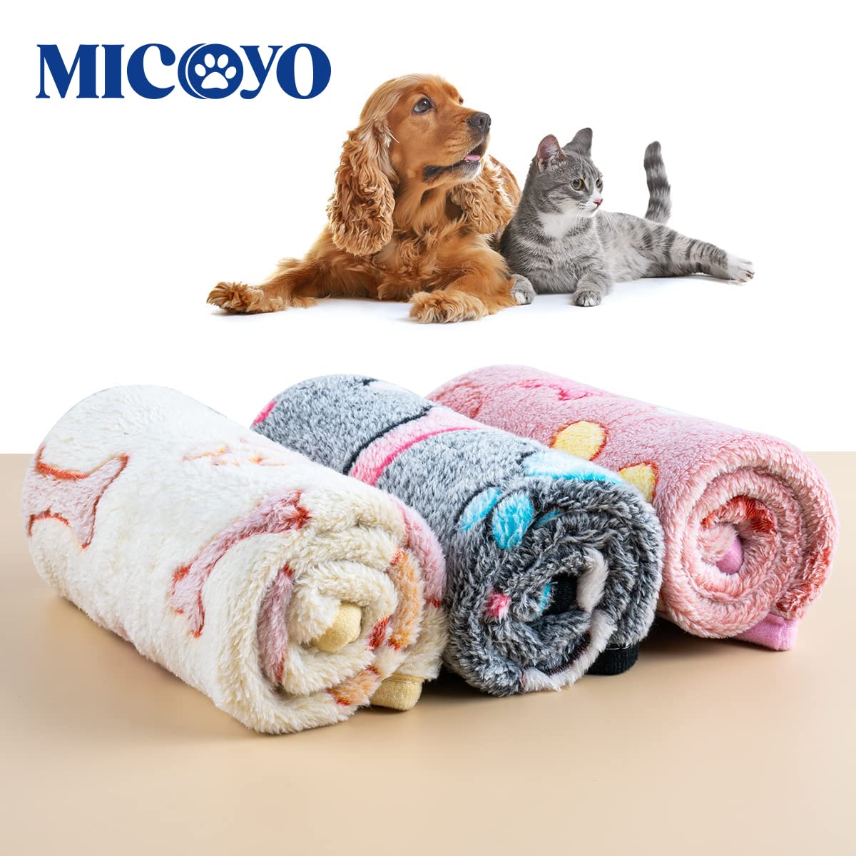 MICOOYO Coperta per cuccioli e gatti lavabile, confezione da 3 coperte per cani per gatti gattini cuccioli, coperte per animali domestici per cani di taglia piccola media grande (zampe ossa, M)