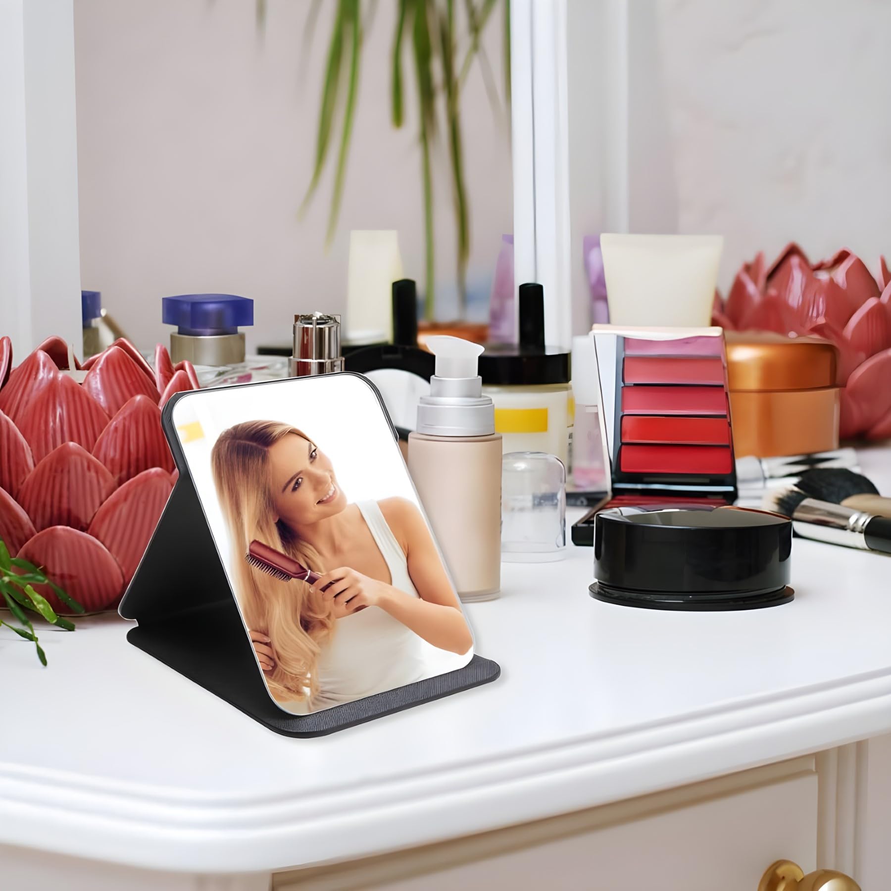 ONICORN Folding Makeup Mirror - Portable Small Size PU Leather Travel Mirror, Tabletop Mount, Exquisite HD Round Edge Corner Glass, Adjustable Angle Vanity Mirror with Stand (Black Pack of 1) - Image 3 thumbnail