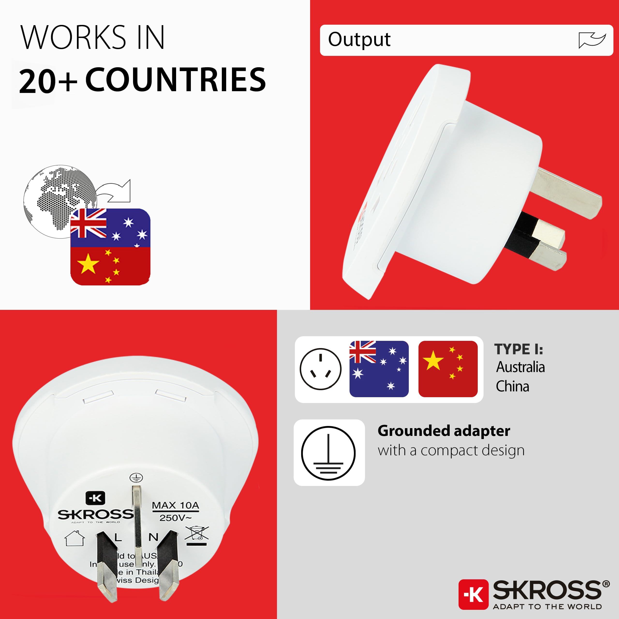 SKROSS | 1.500222-E | World to Australia/China | Adapter podróżny do Australii i Chin - napięcie i moc 100 V - 1000 W/2500 W - ochrona przeciwwstrząsowa