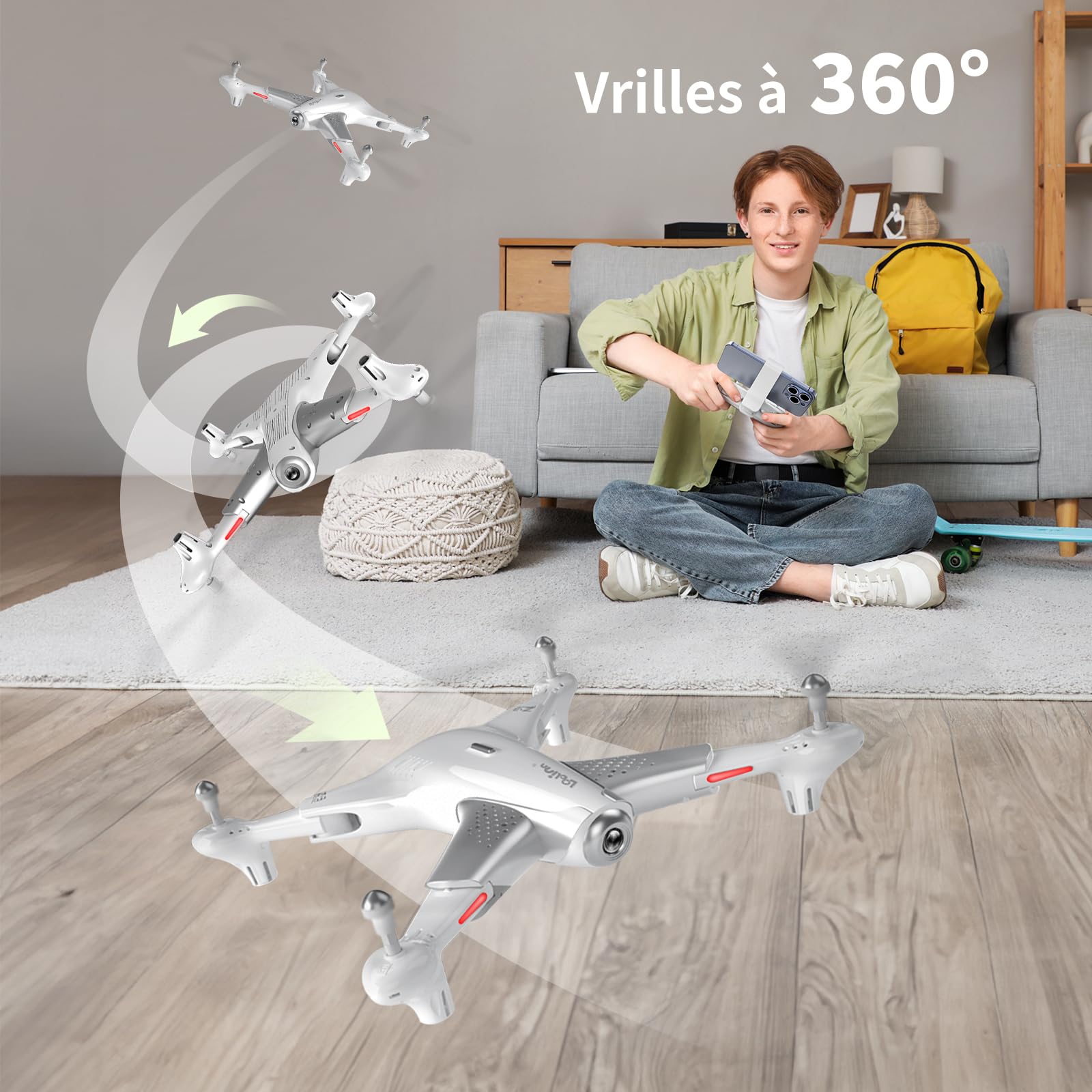 Loolinn | Drone Quadricoptère avec Camera HD pour Enfant (Cadeau 12+ ans) - Localisation par flux optique, Vol Très Stable, Temps de vol de 60 Minutes, Vrilles à 360°, Certification C0 Approuvée