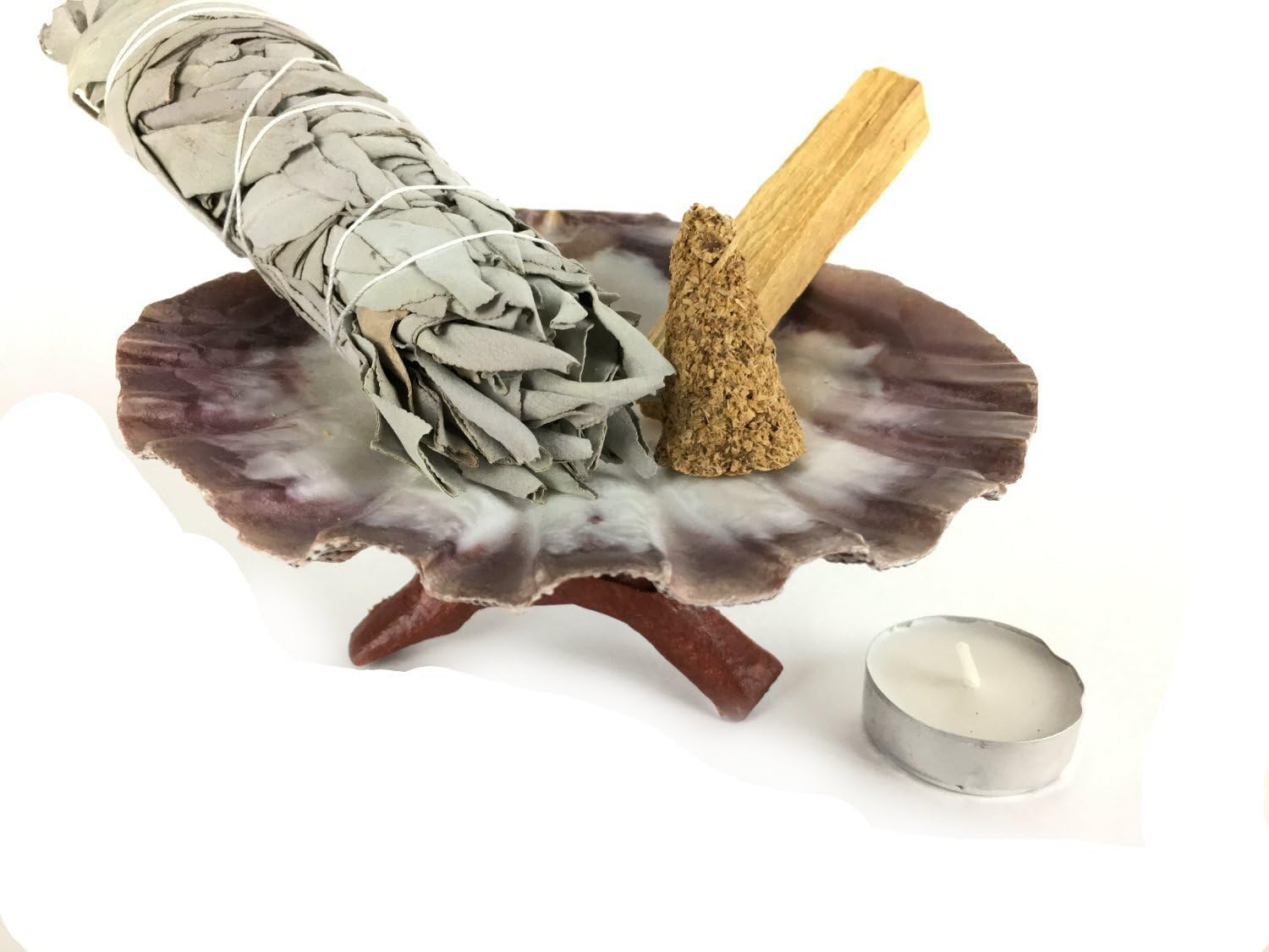 Chakra Palace Large Shell Sage Smudge Kit, Wood Stand, 5 Inch Sage Stick, Incense Cone, Palo Santo Wood and Candle