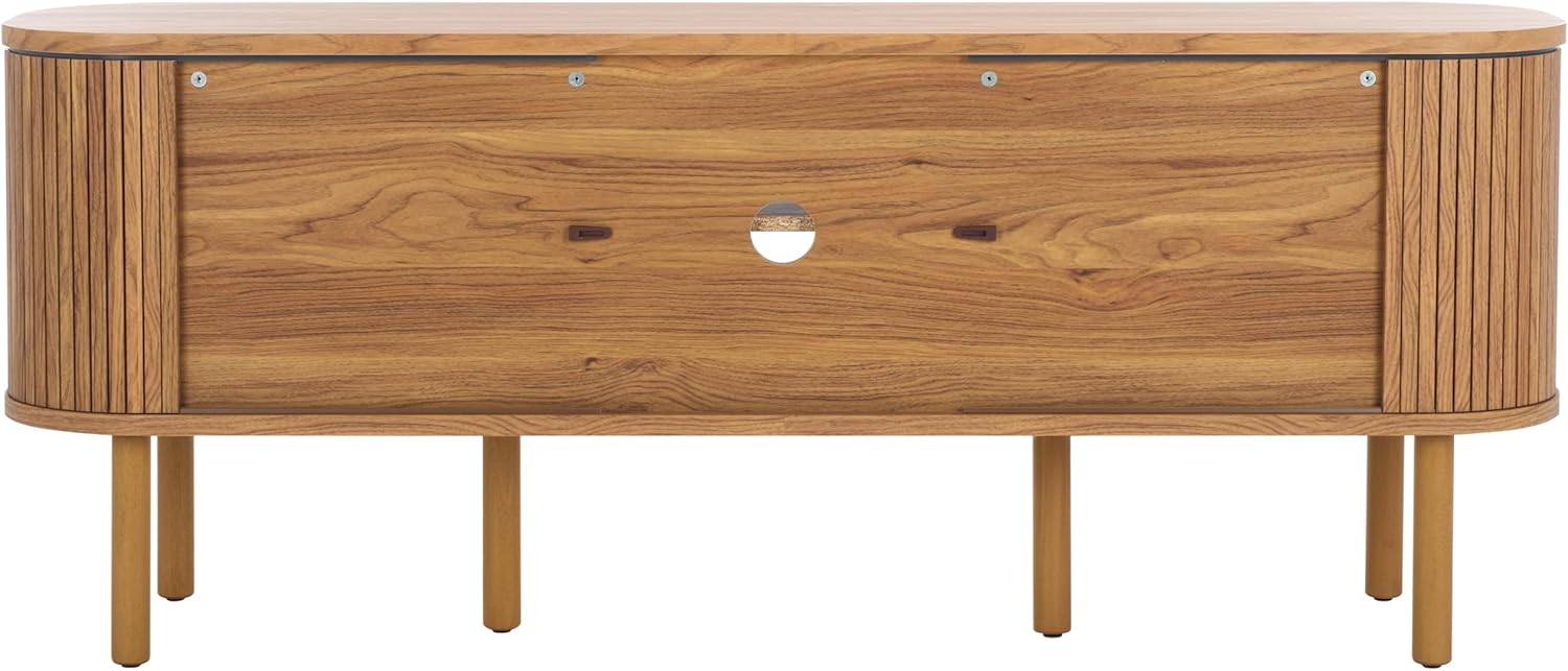 SAFAVIEH Tealla TV Stand for up to 65" Flatscreen – Oak Brown & Gold, 2 Tambour Sliding Doors, Glass Lift Door with Interior Shelf, Entertainment Media Console (MED9635D)