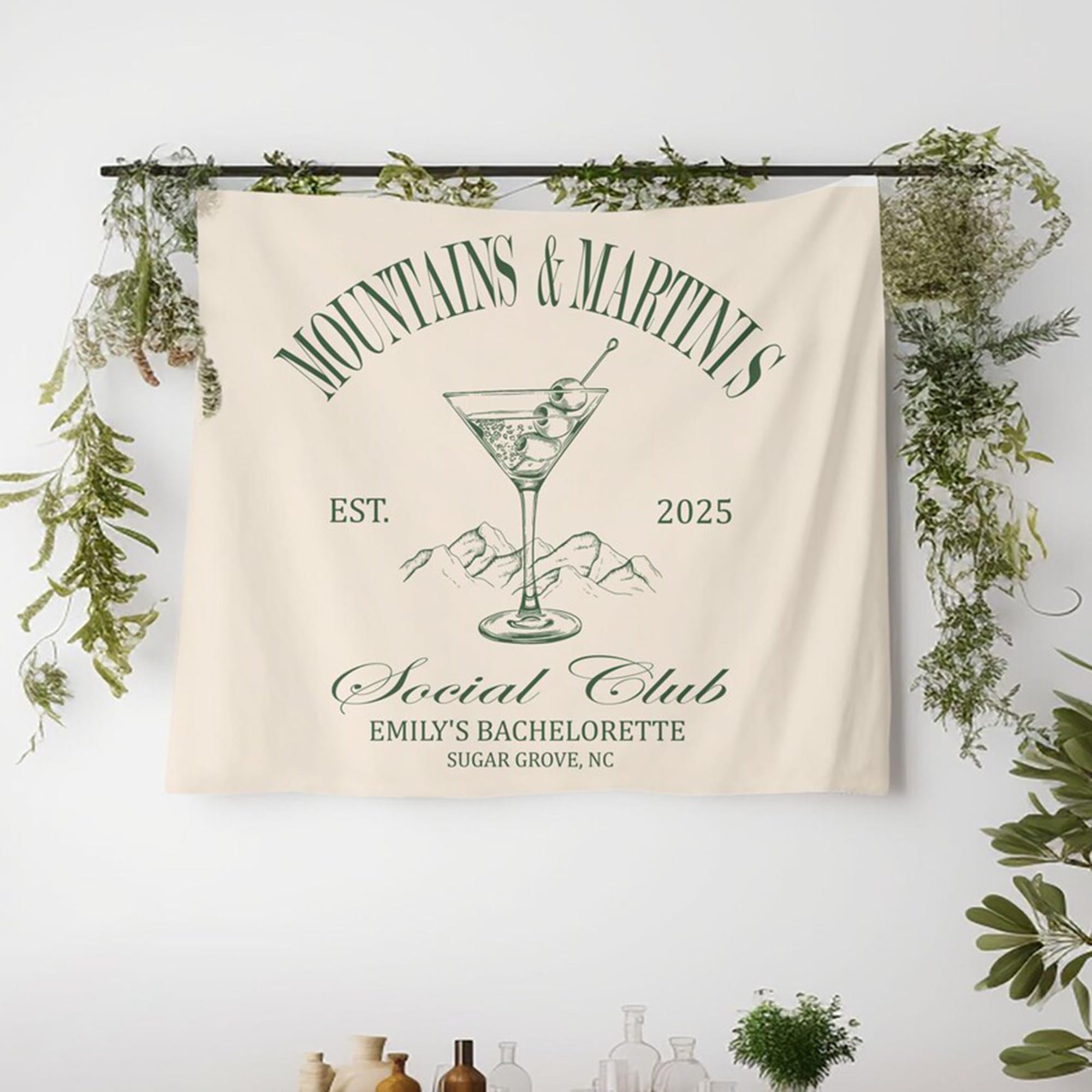 Mountains & Martinis Bachelorette Backdrop, Camping Bridal Shower Decorations, Social Club Camp Bachelorette Party Favors Bach Party Banner Photo