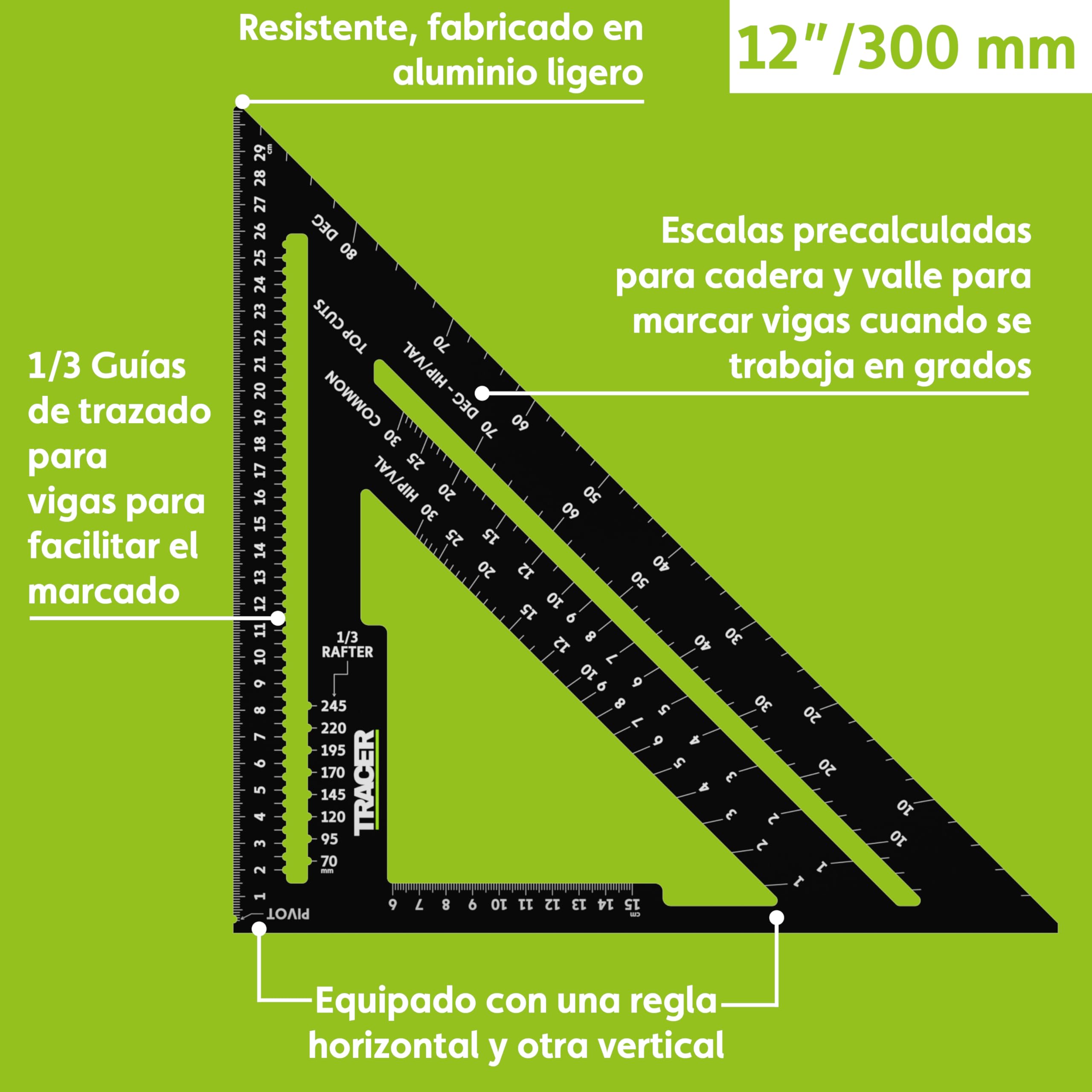 TRACER Speed Square 300 mm (12 pulgadas). Cuadrado de balsas con escalas métricas y de cadera y valle. Herramienta de marcado para techos y carpintería