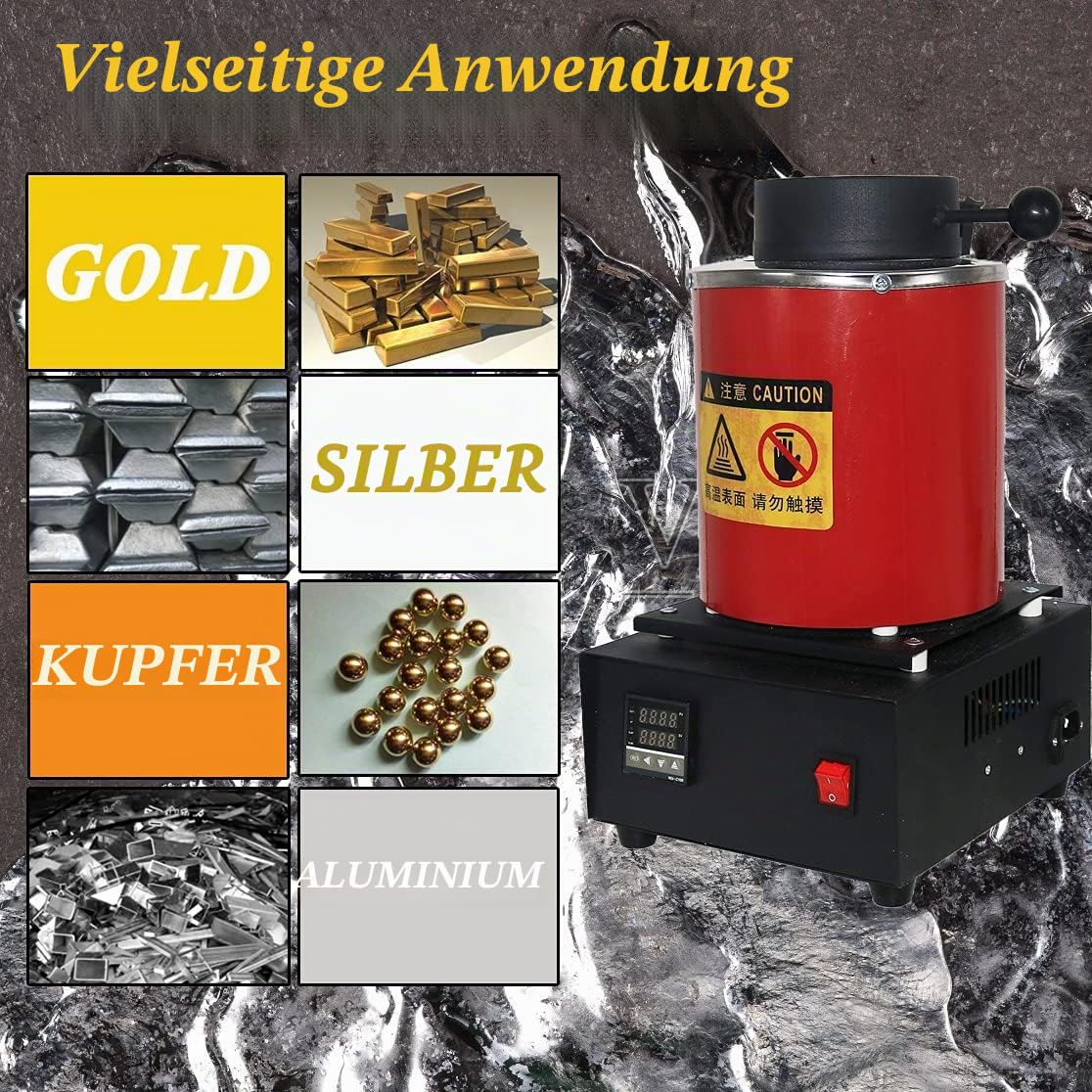 3 kg Gold-Schmelzofen, 1400 W 2000 F, digitaler elektrischer Schmelzofen mit Graphit-Tiegel für Schmelzkratzer, Silber, Gold, Kupfer, Aluminium, 220 V Verfeinerung des Gussefens