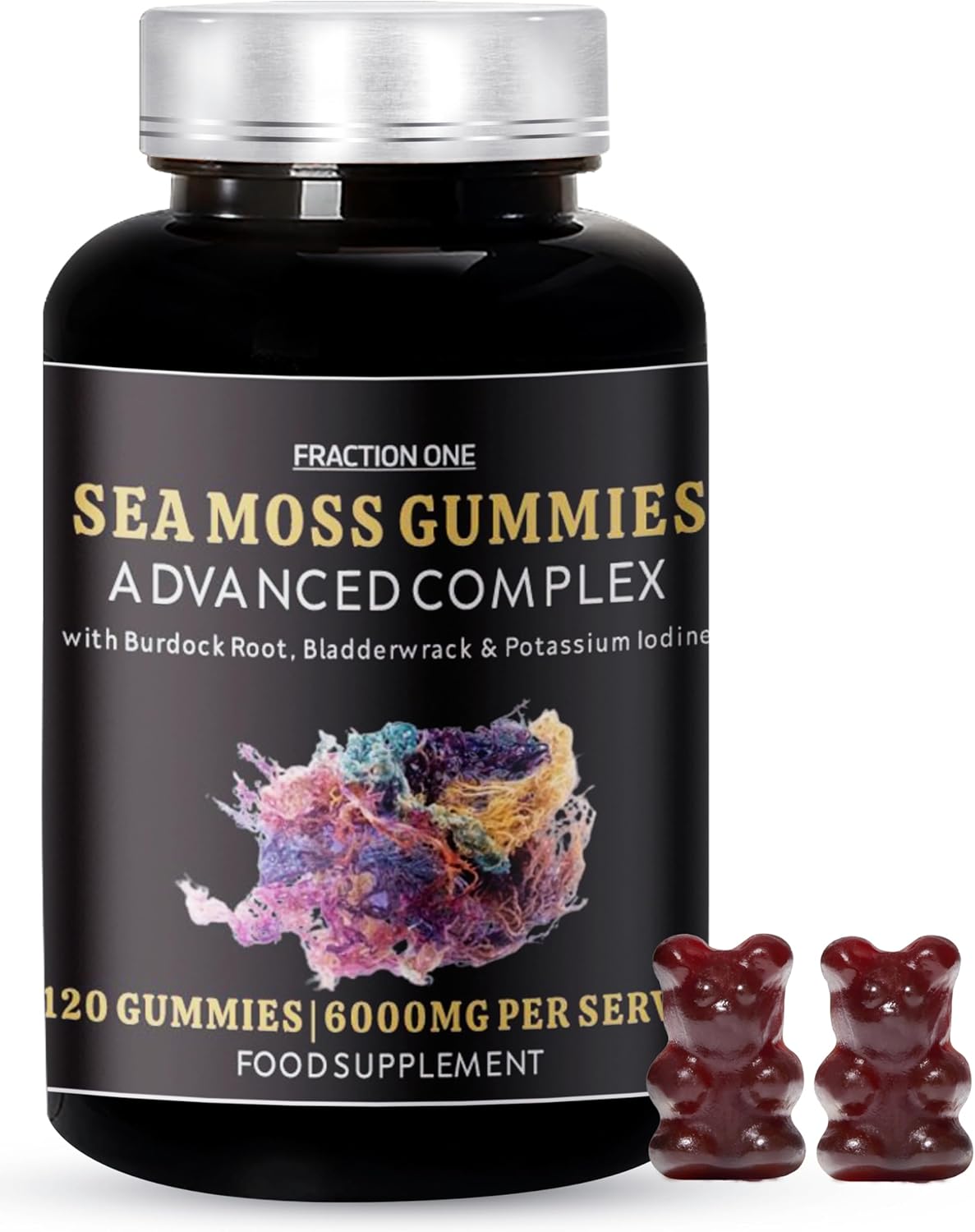 Fraction One Irish Sea Moss Gummies – 120 Gummies – 6000 mg per Serving, Enhanced with Burdock Root, Bladderwrack and Potassium Iodine – Sugar Free and Vegan, Improves Digestion – 60 Days Supply