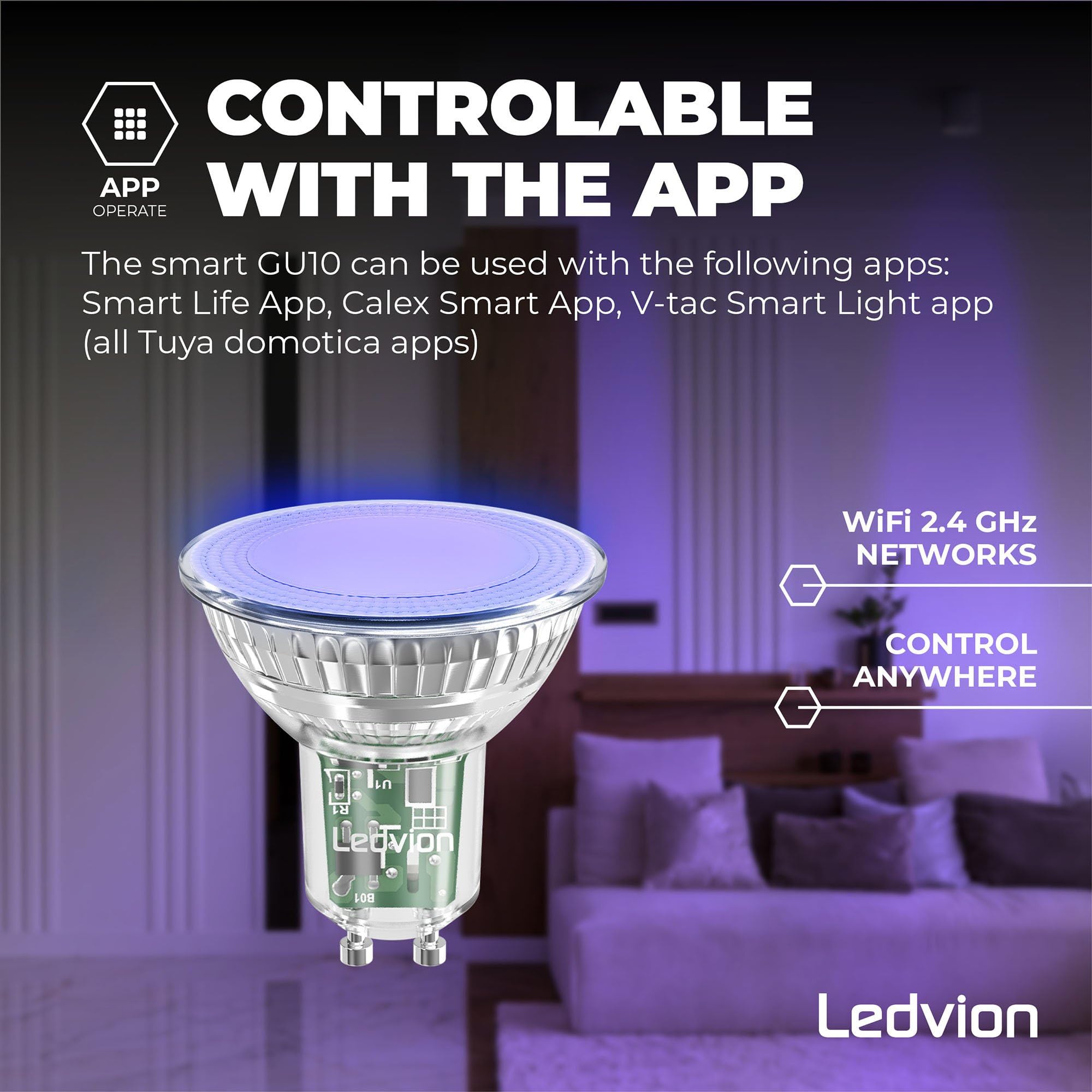 Ledvion - 10x Smart RGB+CCT GU10 LED Spot, 5W, 345 Lumen, Dimmbar, Wi-Fi Beleuchtung, Wi-Fi Licht, Alexa & Google Home