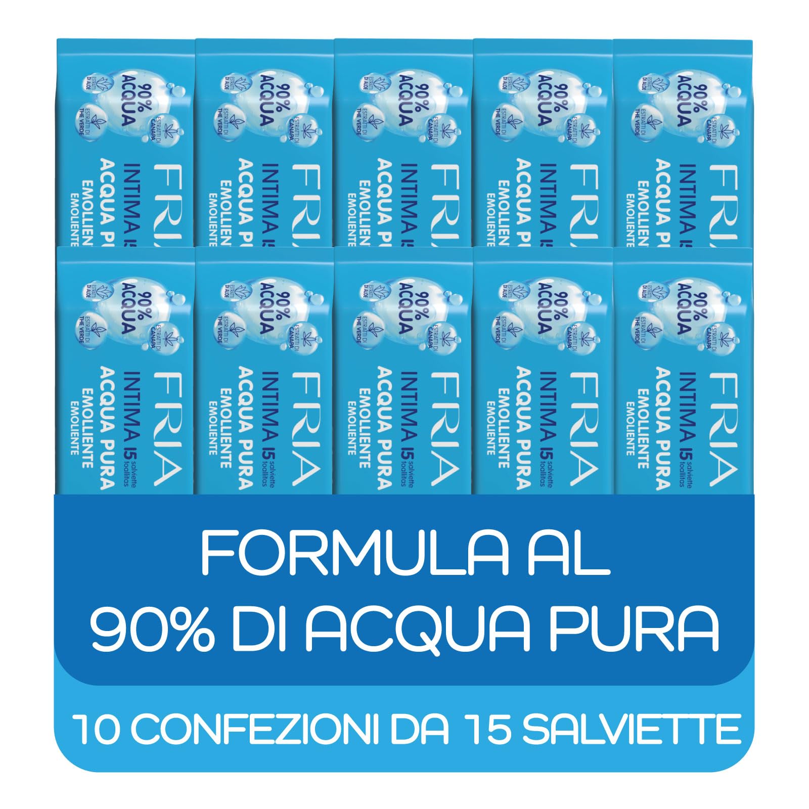 Fria Intime Reines Wasser Hygiene-Tücher, gynäkologisch getestet und hautfreundlich, biologisch abbaubar, weichmachende Wirkung, 10 Packungen mit je 15 Tüchern