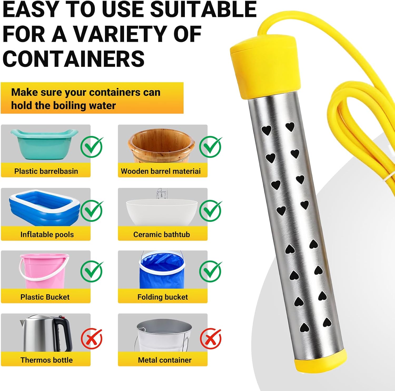 Immersion Water Heater Electric, Portable Bucket Heater with 304 Stainless Steel,Submersible Water Heater Heats up 5 Gallons of Water in Minutes for Home, Camping, and Outdoor Use - Image 5