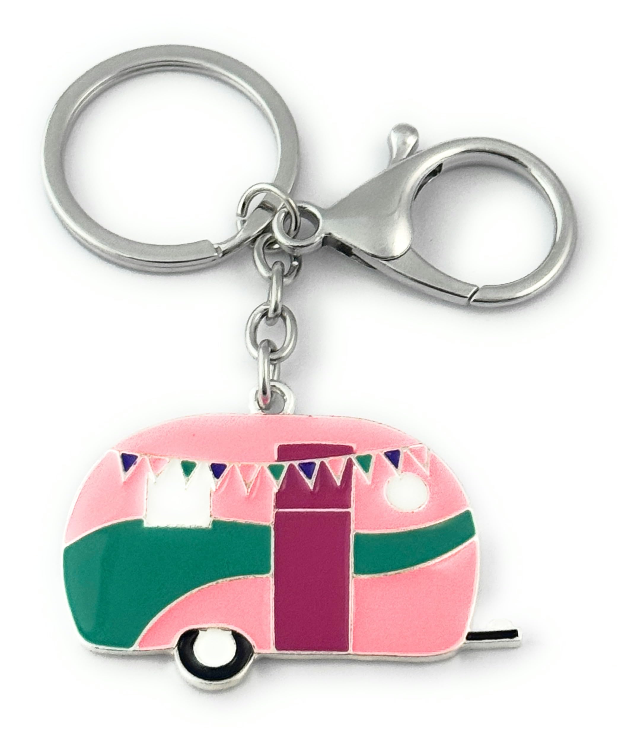 Fizzybutton Gifts Unisex Pink Caravan Keyring Key Ring With Enamel Charm And Lobster Clasp