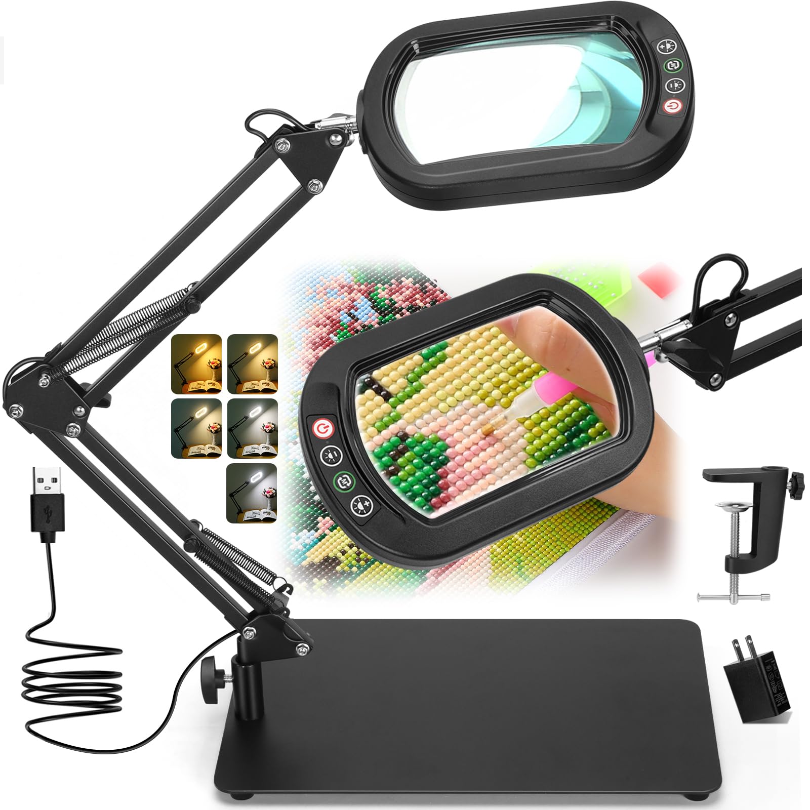 Veemagni 12X Rectangle Lupe mit Licht und Ständer, 5 Farbmodi stufenlos dimmbar, 2-in-1 LED beleuchtete Schreibtischlampe & Klemme, Hände frei Leselupe für das Lesen Handwerk Reparatur Malerei