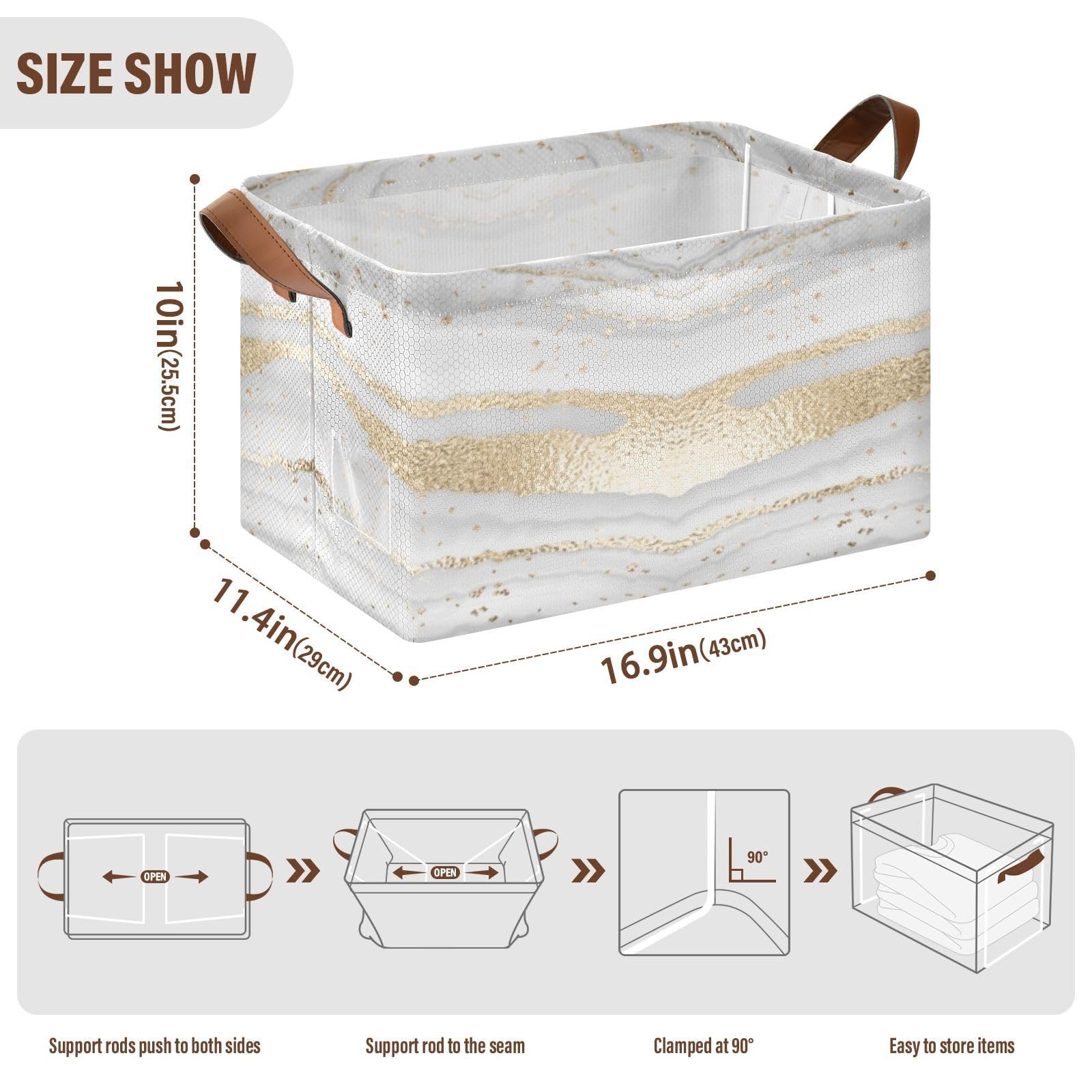 White Marble Texture with Gold Grey Lines Abstract Painting 1PC Rectangle Foldable Frame Basket Leather Handles Storage Bin for Laundry Bathroom Organizer M 16.9 x 11.4 x 10 inch