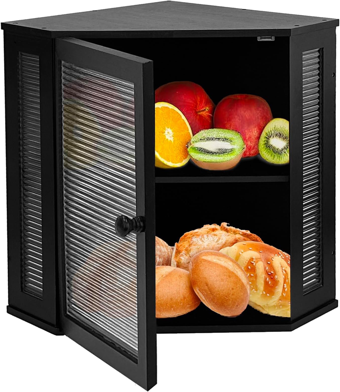Extra Large Black Wooden Corner Bread Box for Kitchen