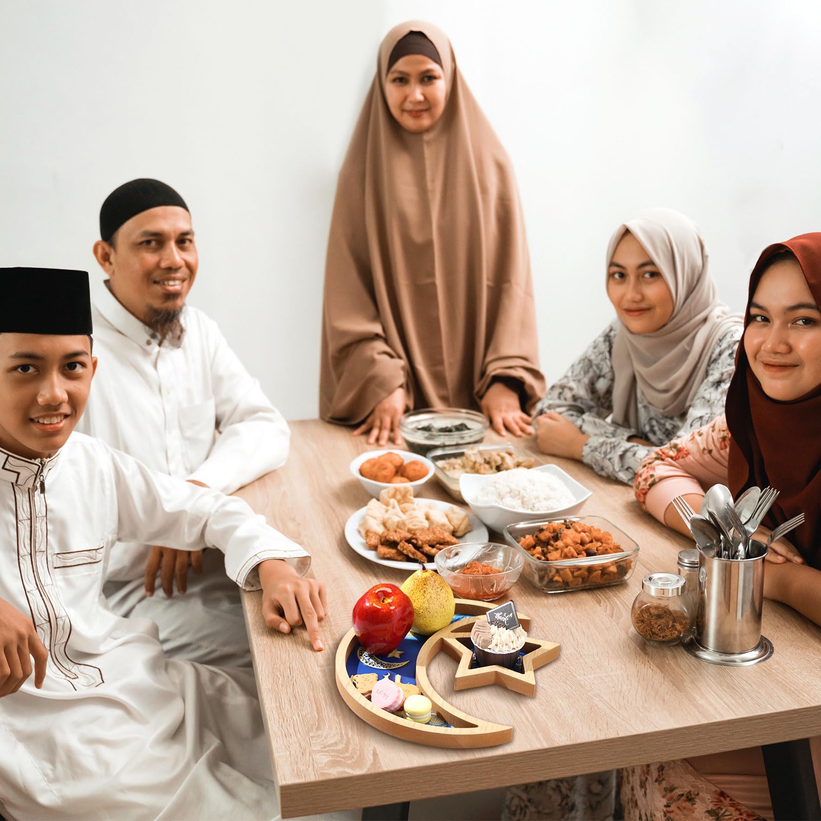 Capoda Ramadan Serving Tray Decoration - Wooden Moon and Star Tray Eid Mubarak Kareem Pastry Plate Gold Blue Food Dessert Snack Fruit Plate for Islamic Gifts Muslim Home Eid Party Supplies