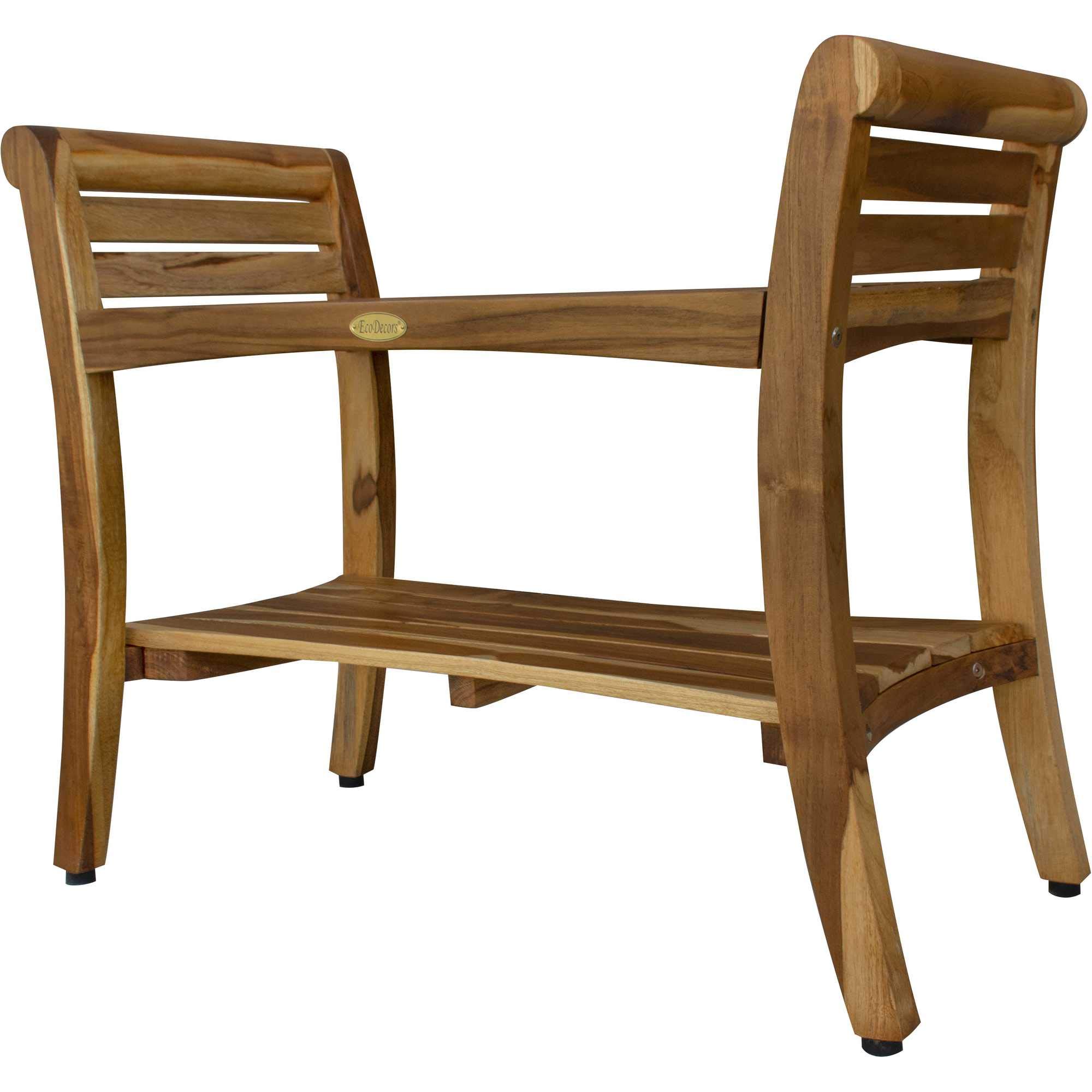 HomeRoots Natural Brown Compact Rectangular Teak Shower/Outdoor Bench with Shelf and Curved Liftaide Arms in Brown Finish