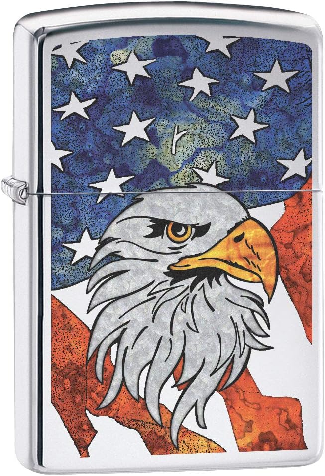 Zippo Lighter: Fusion Bald Eagle and American Flag - High Polish Chrome 79806