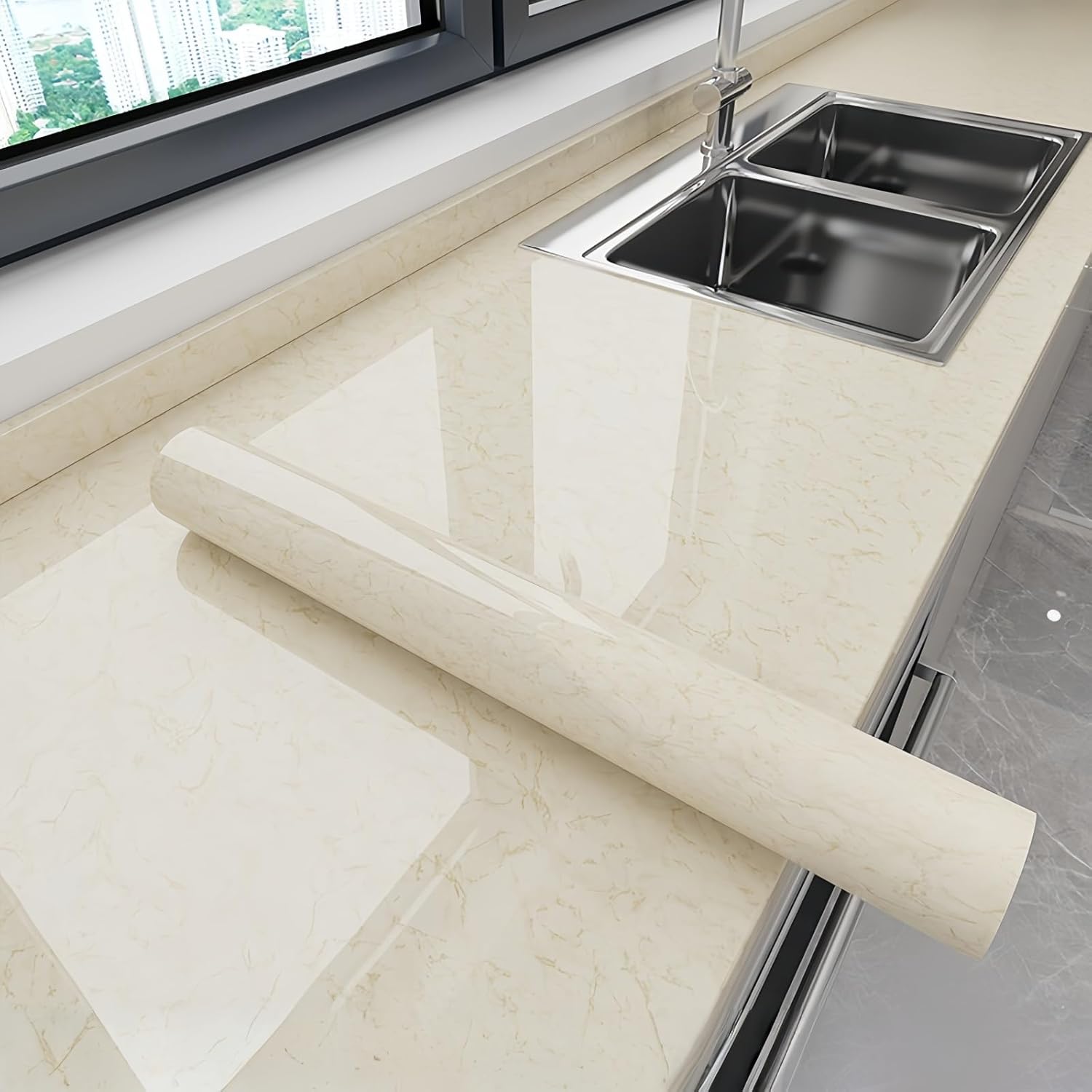 Kitchen countertop Protective Film Marble Aluminum foil Oil-Proof Sticker high-Temperature Resistant Sticker self-Adhesive Opaque Light Cloud Gold 40 * 1000cm