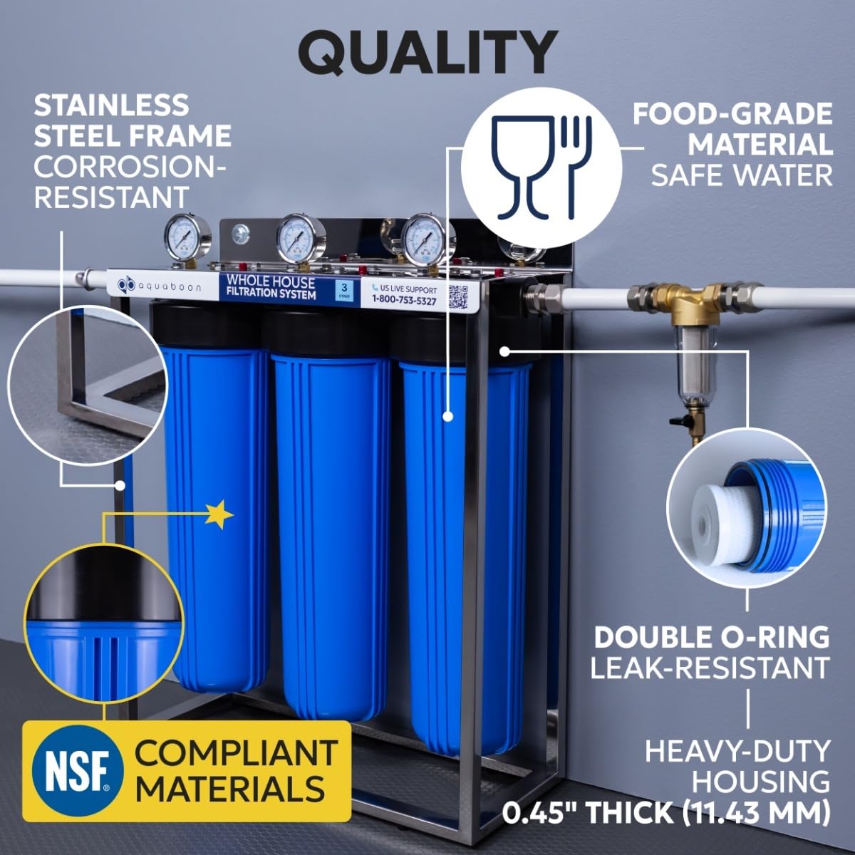 Aquaboon 3-Stage Whole House Water Filter System with 5 Micron 20x4.5 Reducing Sediment and KDF Heavy Metals Water Filter Purification Cartrige, Pressure Gauges, Wrench, Bracket image 3