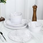 12-Piece Ensembles de vaisselle à la mélamine, ensemble de vaisselle rond blanc moderne pour 4 - Assiette de service pour Snack, Dessert, Salade, Soupe, Pâtes - Motif de marbre blanc