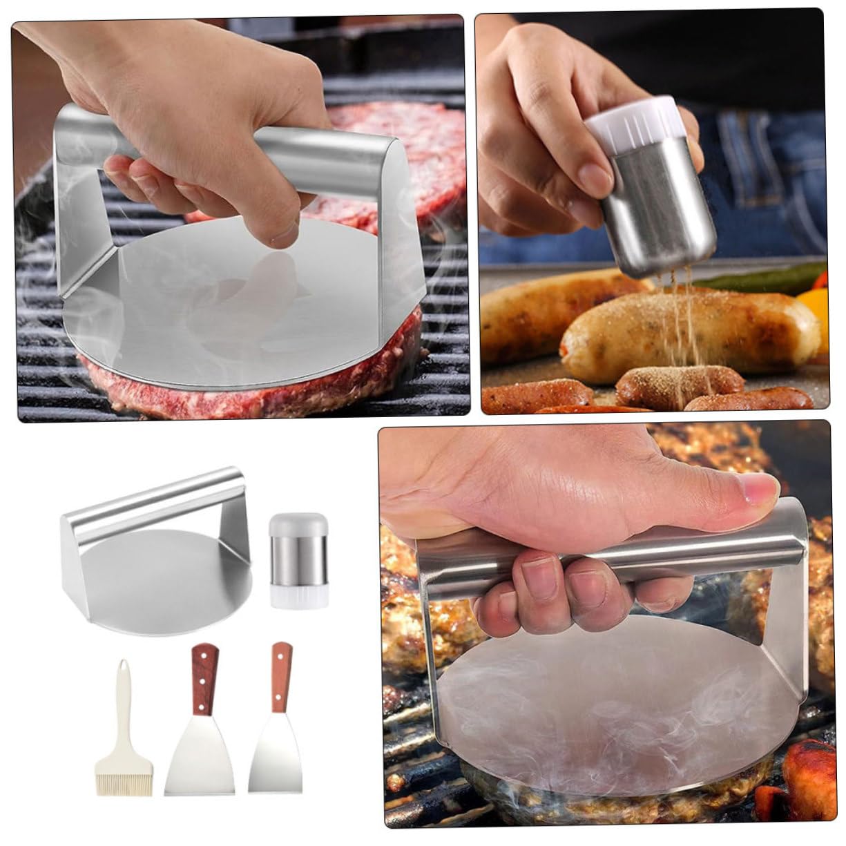 PRETYZOOM Set Accessori Bbq 5 Pezzi in Acciaio Inossidabile Pressa per Hamburger, Spatola, Pennello, Bottiglia di Condimento e Griglia per Carne Esterno