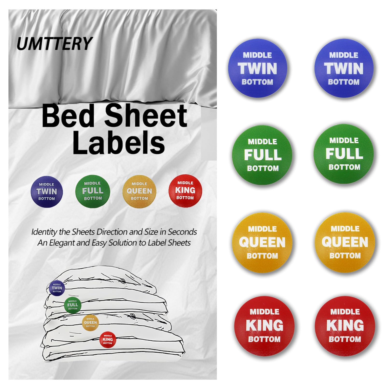 Umttery Bed Sheet Labels for Bedding,Identity The Sheets Direction and Size in Seconds, an Elegant and Easy Solution to Label Sheets, 16 Pack[Mix]