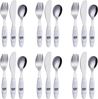 Exzact Children's Cutlery Stainless Steel 18 Piece Set, Cutlery for Kids: 6 x Forks, 6 x Safe Dinner Knives, 6 x Dinner Spoons | tål diskmaskin BPA fri handtag enkel grepp Toddlers daglig måltider barnrum Utensil bestick skedar gafflar knivar