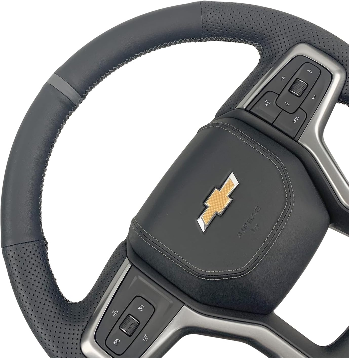 Hand-Sewing Steering Wheel Wrap Cover Black Perforated Leather/Grey Marker Strip Wrap Interior Protection Accessories for Chevrolet Silverado 1500 2019-2021 2500HD 3500HD/ Chevy Suburban 2020-2022