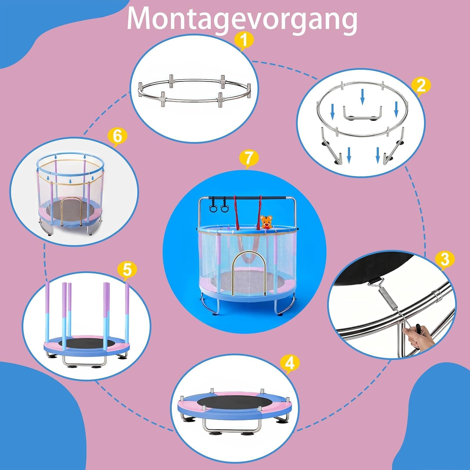1.5m Kindertrampolin, Multifunktionales und Verstellbares mit Basketballkorb, Schaukel und Klimmzugringen, Geeignet für Innen- und Außenbereich zum Geburtstag