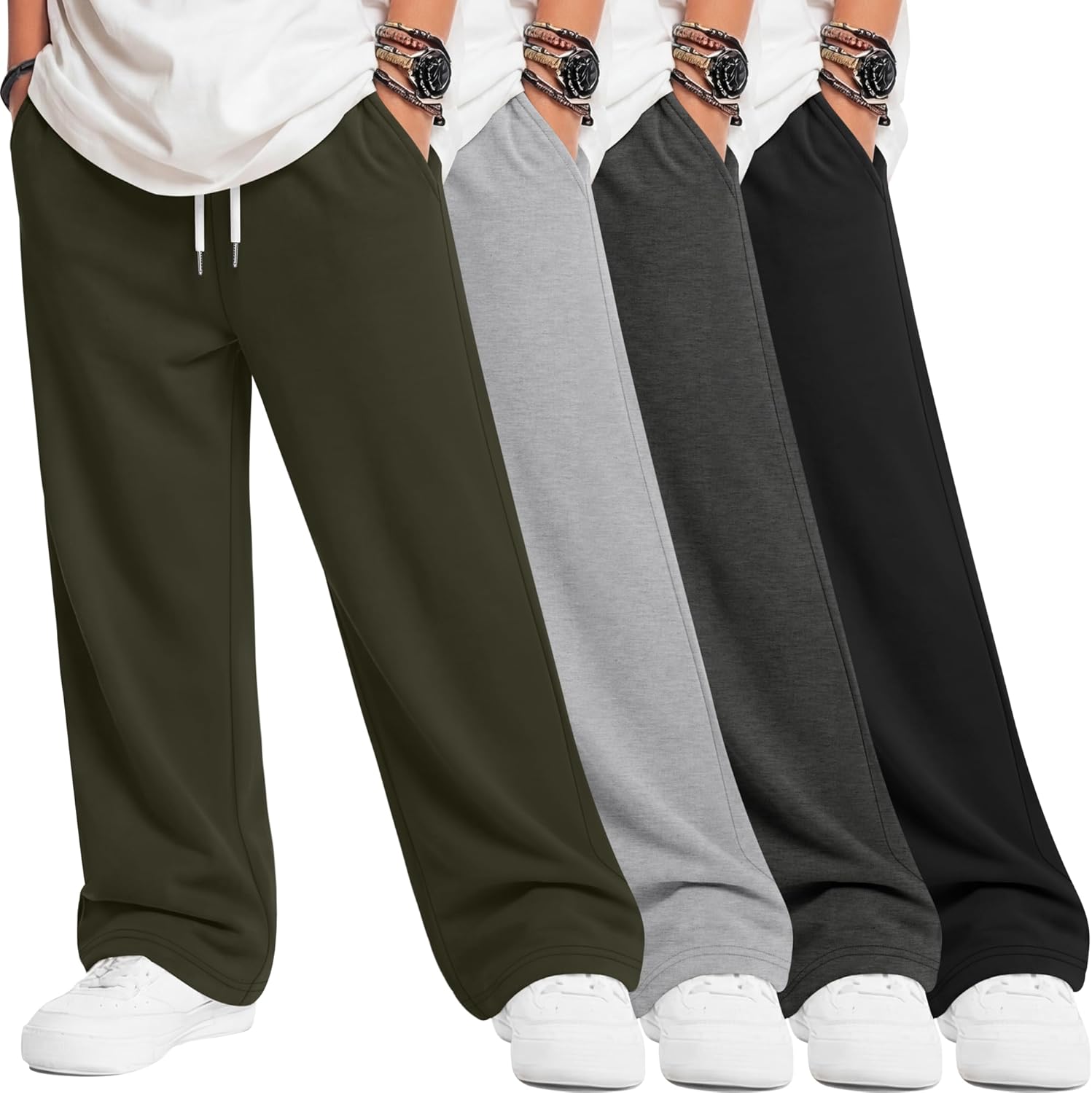 4 Pack Boys Baggy Sweatpant Lightweight Straight Leg Drawstring Jogger Youth Open Bottom Sweat Pant with Pocket