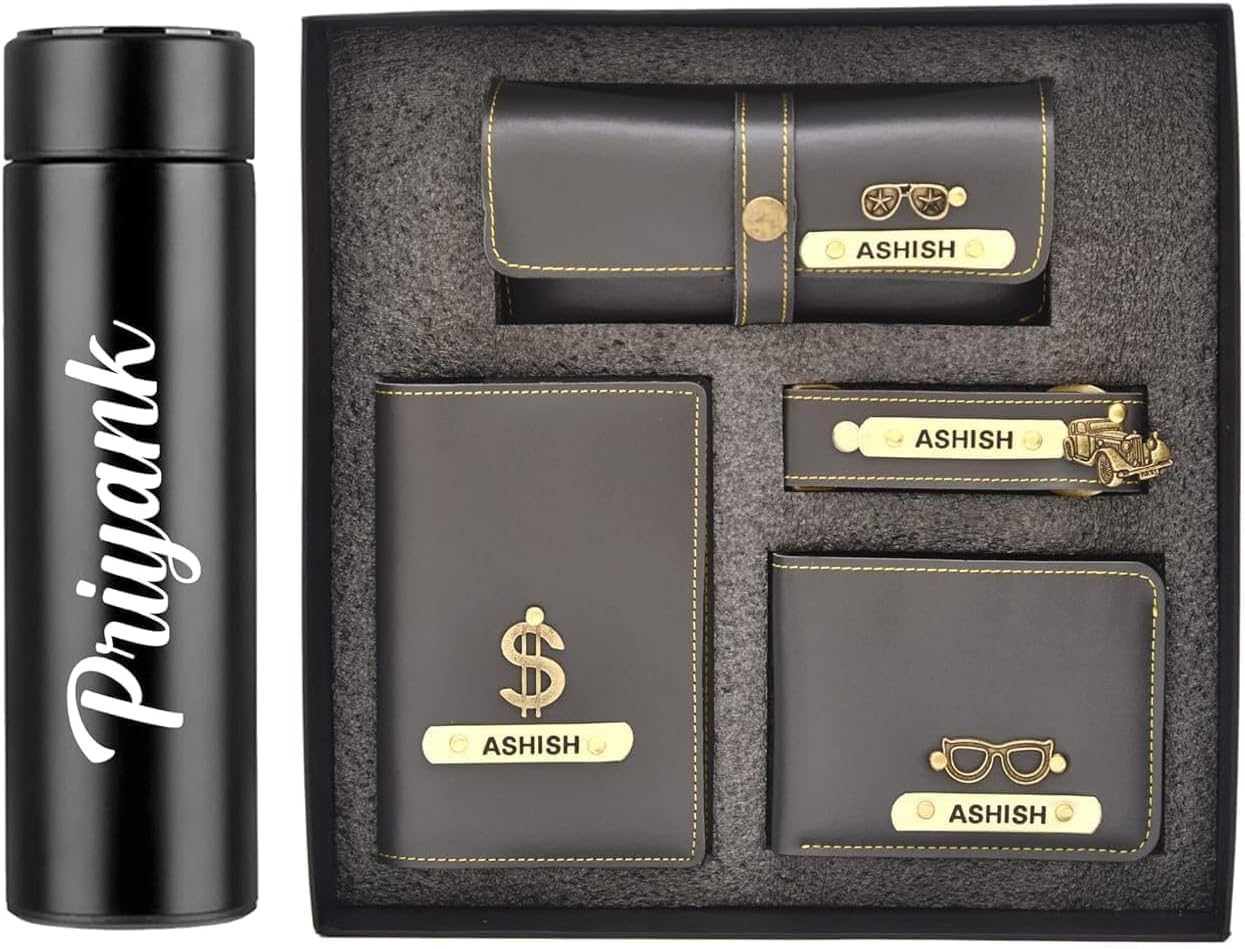 YOUR GIFT STUDIO Customized Leather 5 Pcs Gift Set for Men | Personalised Birthday Gift for Men, Brother, Father, Husband with Name Engrave | Customized Gift Hamper for Men (Grey)