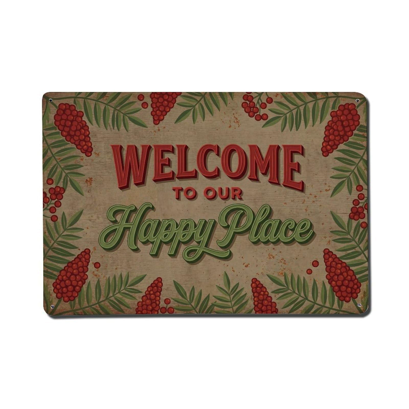 Okngb Style Thatch Straw Welcome Happy Place Leafy Border Patina Metal Tin Sign Plaque Wall Decor For Cafe, Man Cave, Club Bar, Office, Home Garden Round Metal Poster 8X12inch