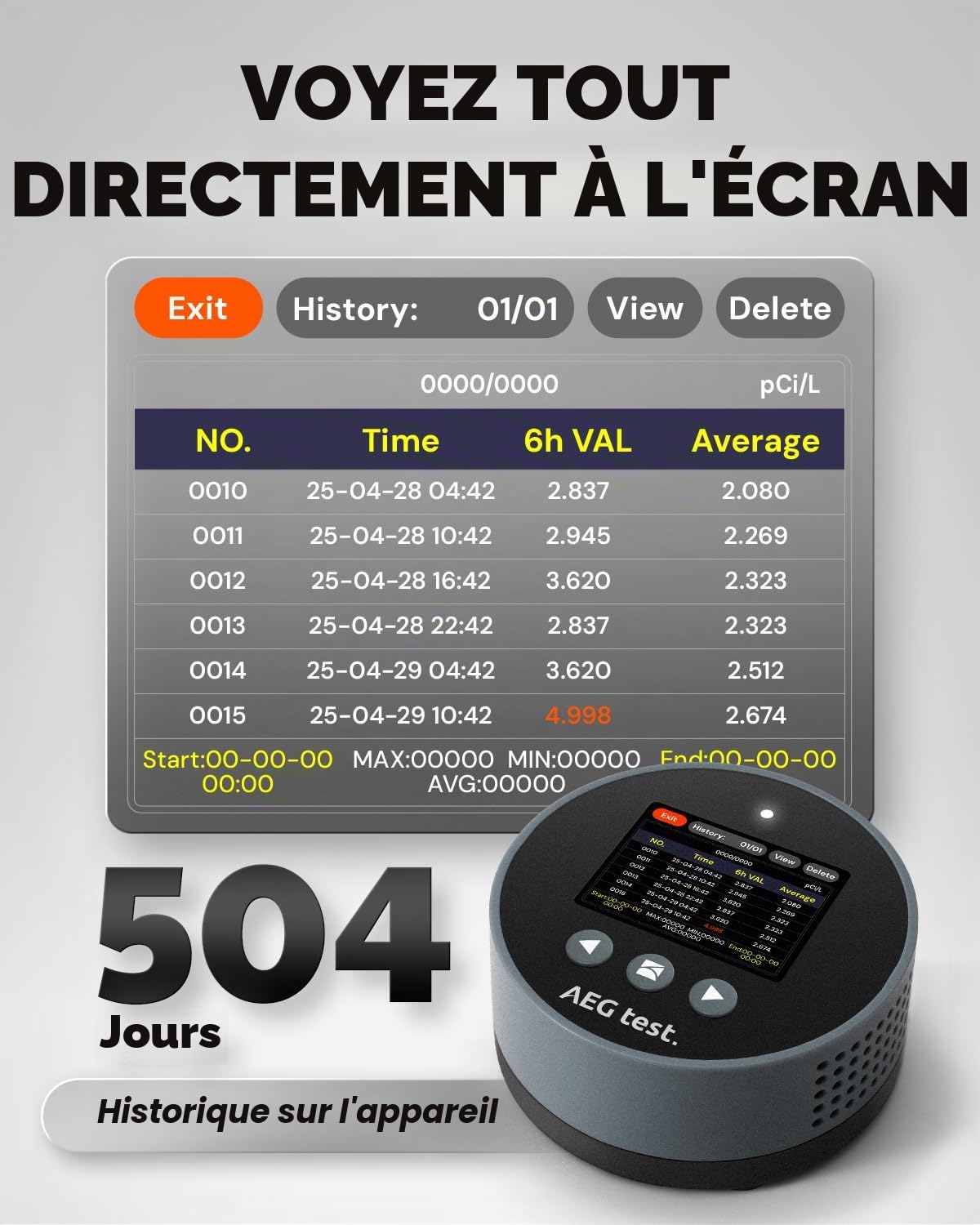 HOUND-1085 Détecteur de radon portable, surveillance du radon à long terme pour la maison, alarmes sonores et visuelles, rechargeable, écran LCD couleur TFT, pCi/L ou Bq/m³ – Bleu