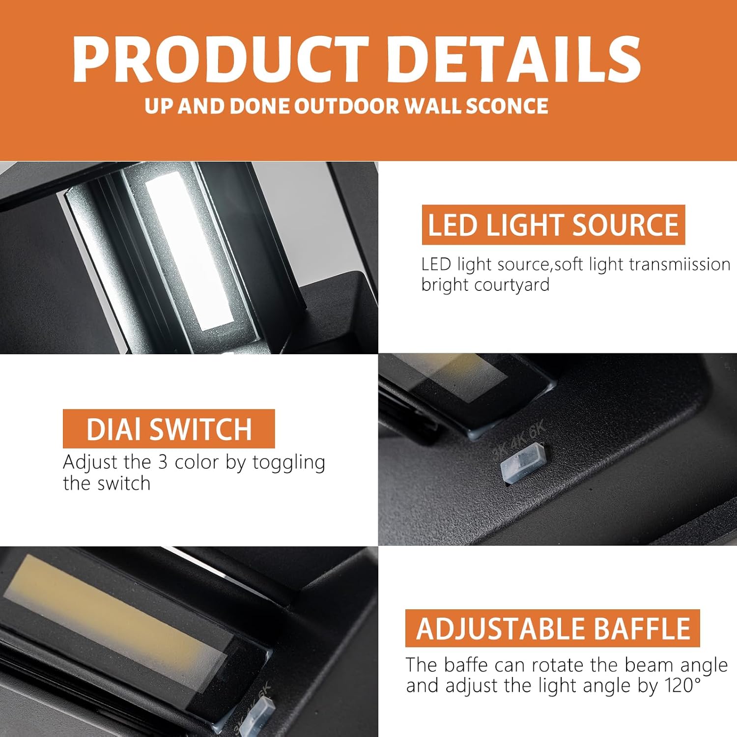 4 Pack LED Outdoor Wall Sconces Exterior/Interior,Modern Black Square Aluminum Wall Light Fixture Set,Variable Beam IP65 Waterproof Lights.15W 3-Color-Changeable Up and Down Outdoor Lighting Fixtures.