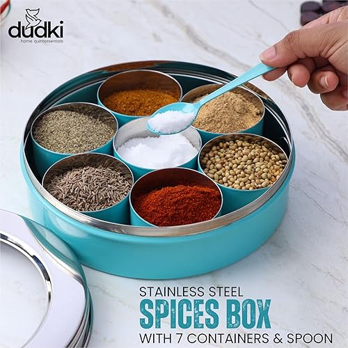 Miniatura 5 de DUDKI Homes - Caja de masala de acero inoxidable, caja de especias, Masala Dabba con organizador de cocina con tapa transparente con 7 recipientes y