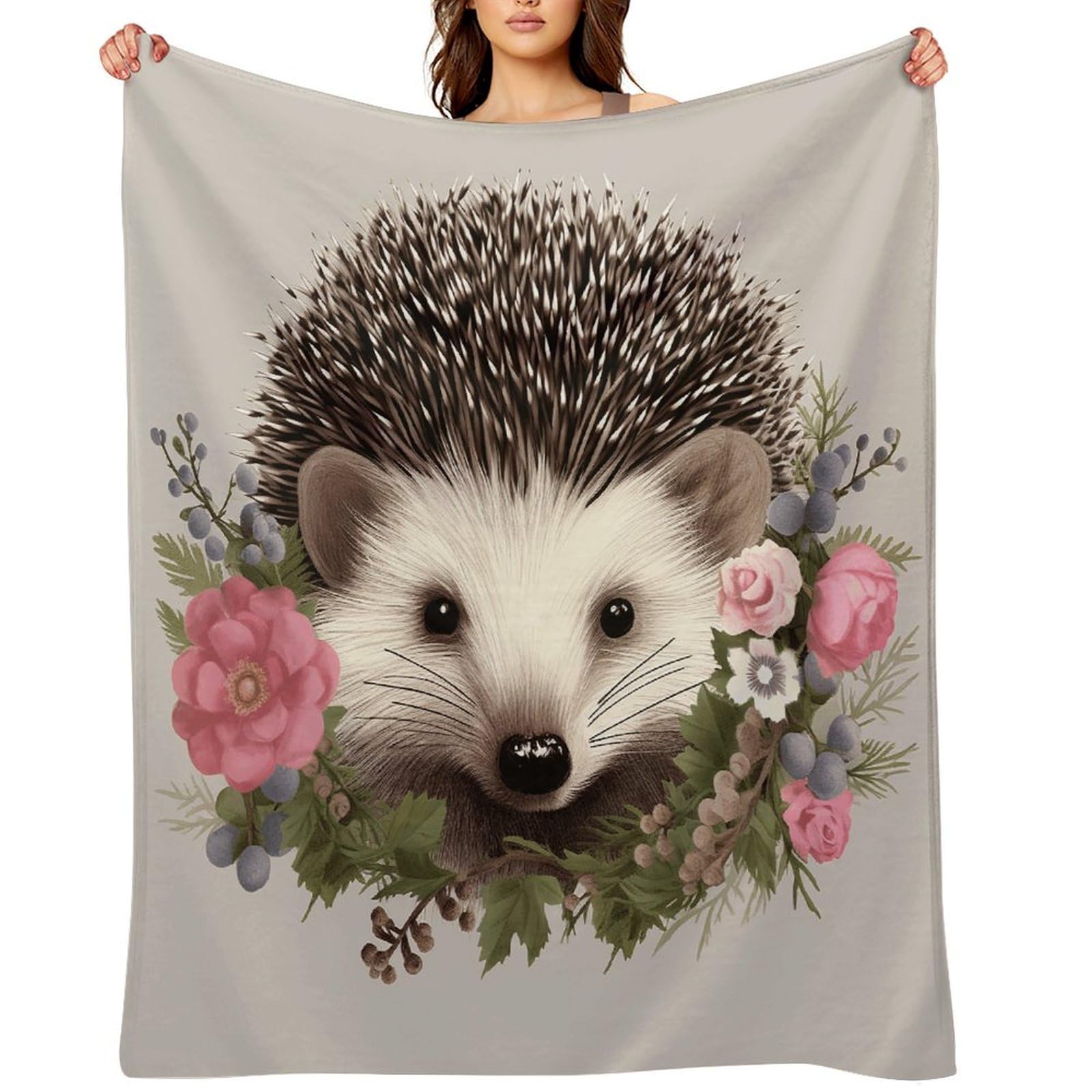 Hedgehog in Floral Wreath Throw Blanket for Couch and Bed Super Soft Warm Lightweight Throw Blankets Cozy Fuzzy Flannel Blanket Personalized Decorative Blankets for Sofa Decor 60"x80"
