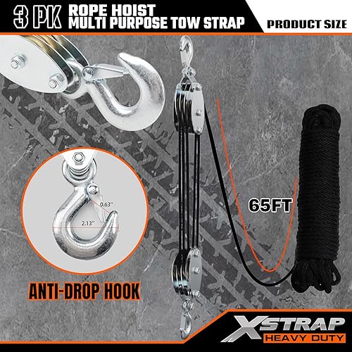 Miniatura 2 de XSTRAP - Polipasto para cuerda de 50 pies, 2,000 libras de resistencia a la rotura, para trabajos pesados Negro de 65 pies con eslinga de elevación