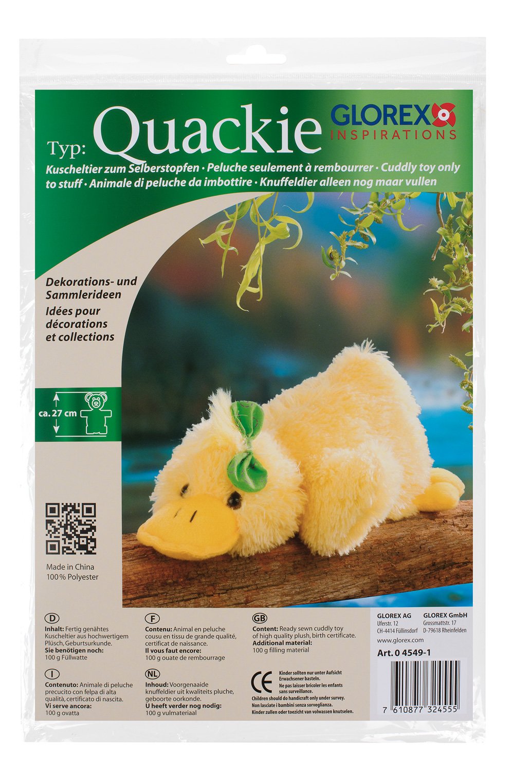 GLOREX 0 4549-1 Cuddly Toy for Stuffing Duck Quakie, Approx. 27 cm, Made Plush, Only Must Be Filled, with Birth Certificate