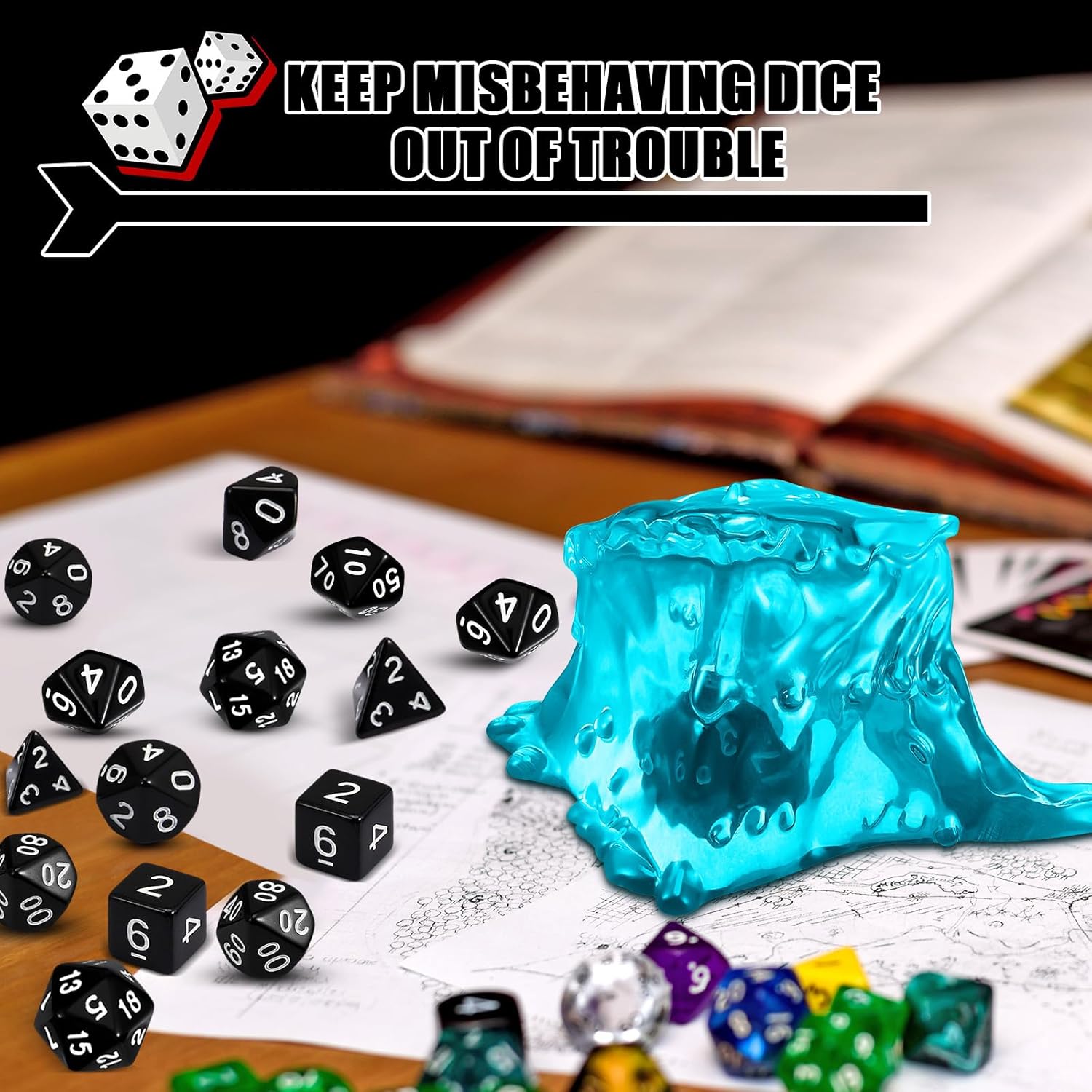 Deekin Dice Jail Gelatinous Cube Dice Prison Resin Cube 7 Role Playing Cage with Container Black Polyhedral Set Miniature Accessory for Gatherings Activity Party Gift Set(Blue)