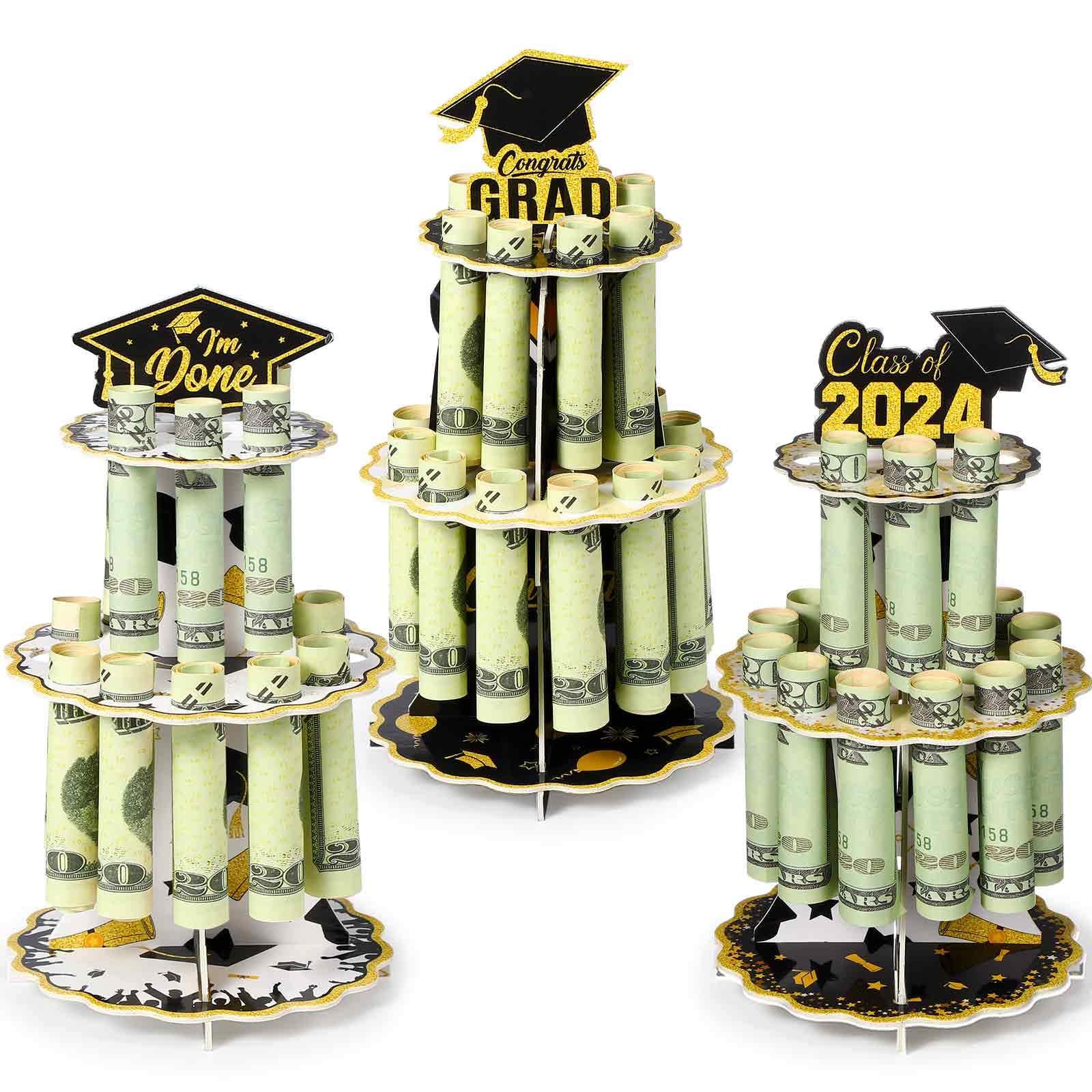 3 Pieces Graduation Money Holder — Congrats Grad Gift Cash Holder, Class of 2024 Double Layer Money Holder with 20 Holes, 2024 Graduation Tiered Tray Cash Cake for Grad Party Supplies (Adult)