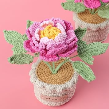 Crochet Peony Flowers Potted Plants Handmade Knitted Crochet Peony Flowers Mini Potted Crochet Peony Flowers Pink Knitting Peony Fake Flowers for Home Office Desk Bedroom Decoration