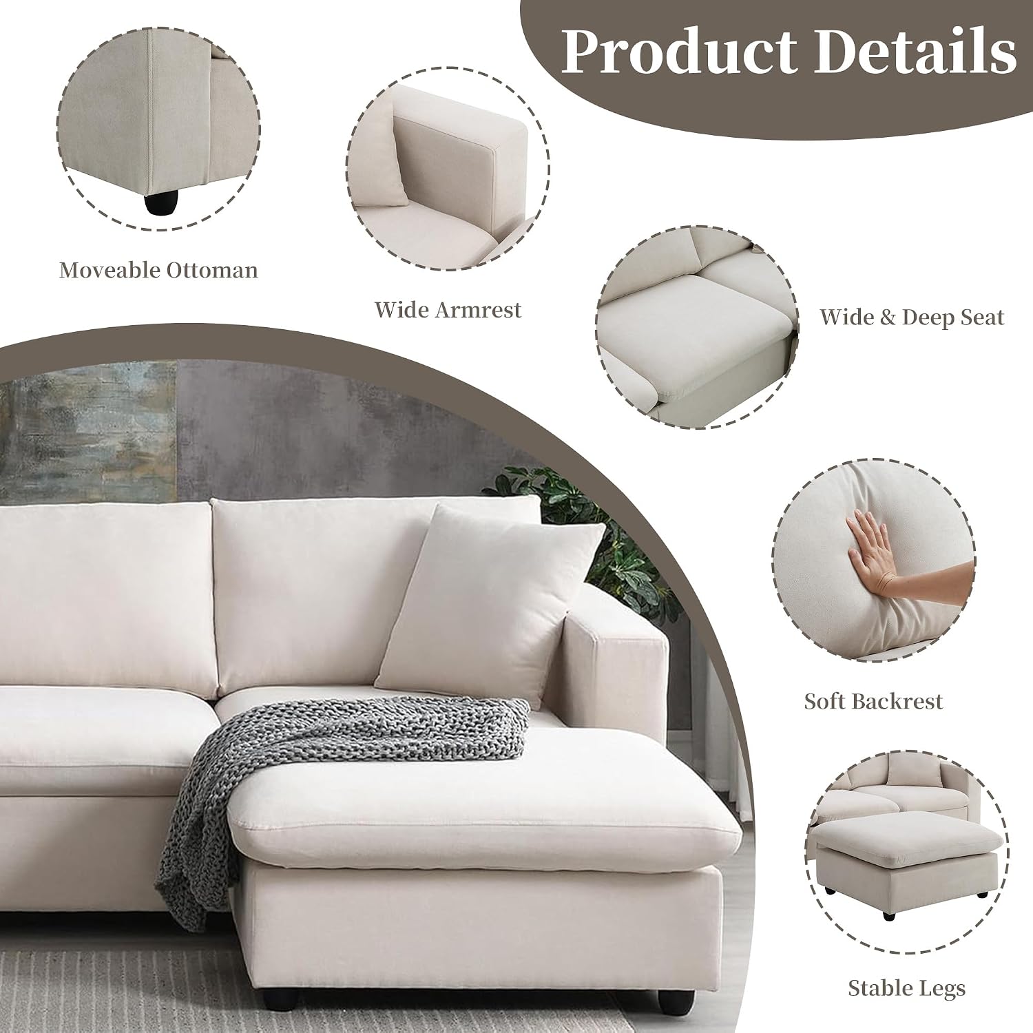 Tmsan Beige L-Shaped Sectional Sofa Set 4-Seater Modular Couch with Ottoman Polyester Fabric