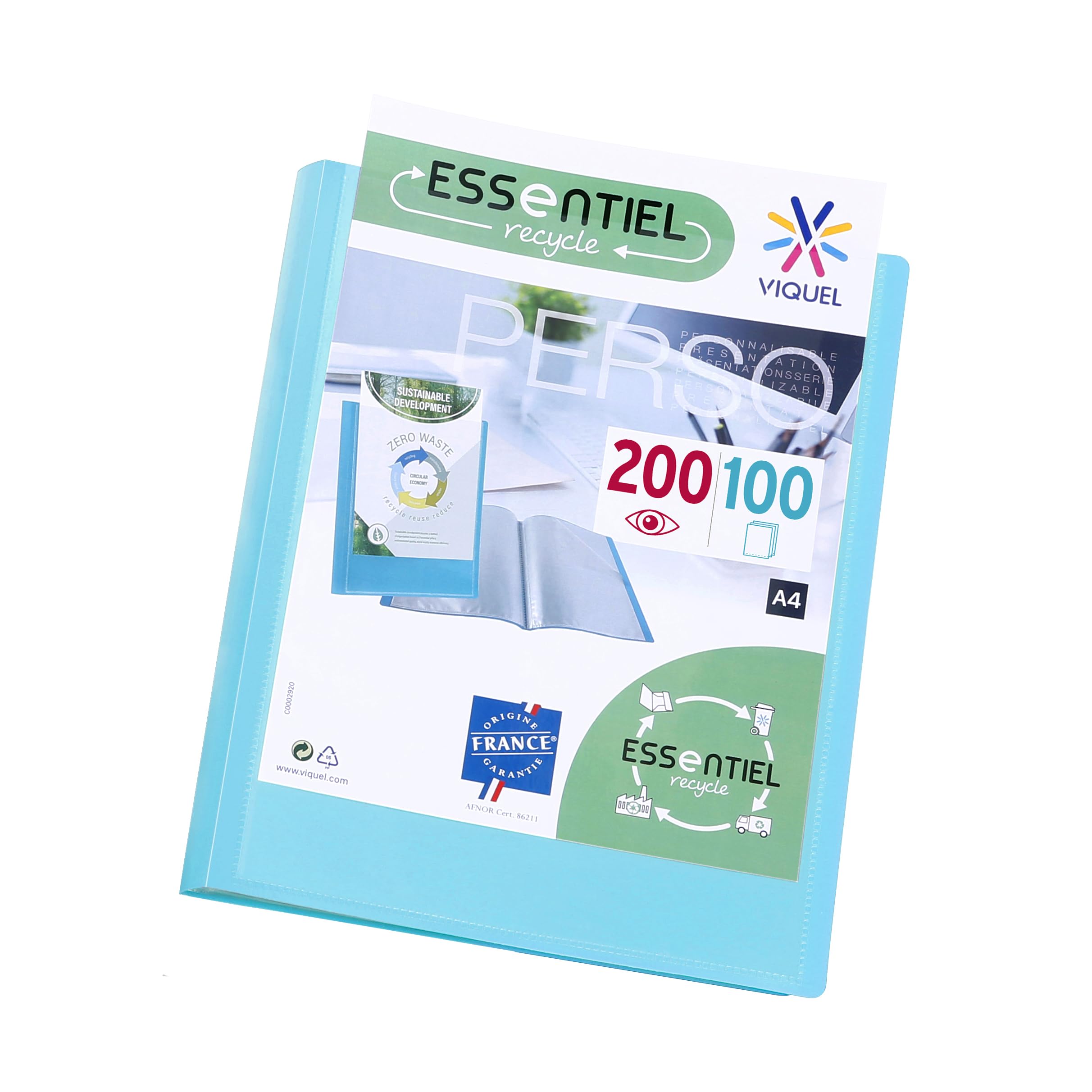Viquel - A4 Presentation Folder 200 Views Essentiel - Customizable Document Holder - Made in France - 100 Smooth Quality Pockets - Turquoise Blue