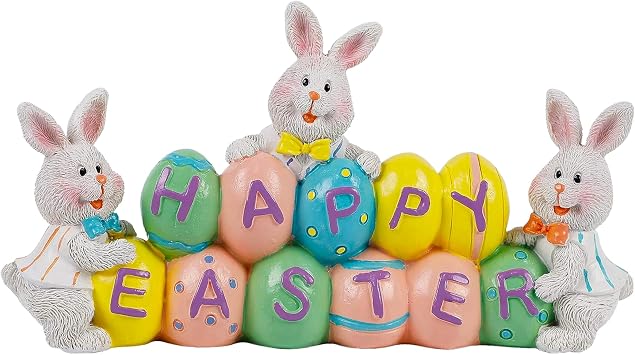 DR.DUDU Easter Decorations Eggs Bunny, Hand-Painted Resin Tabletop Centerpiece, Decor Bunny Figurine for Home Room Table Office Party Happy Easter