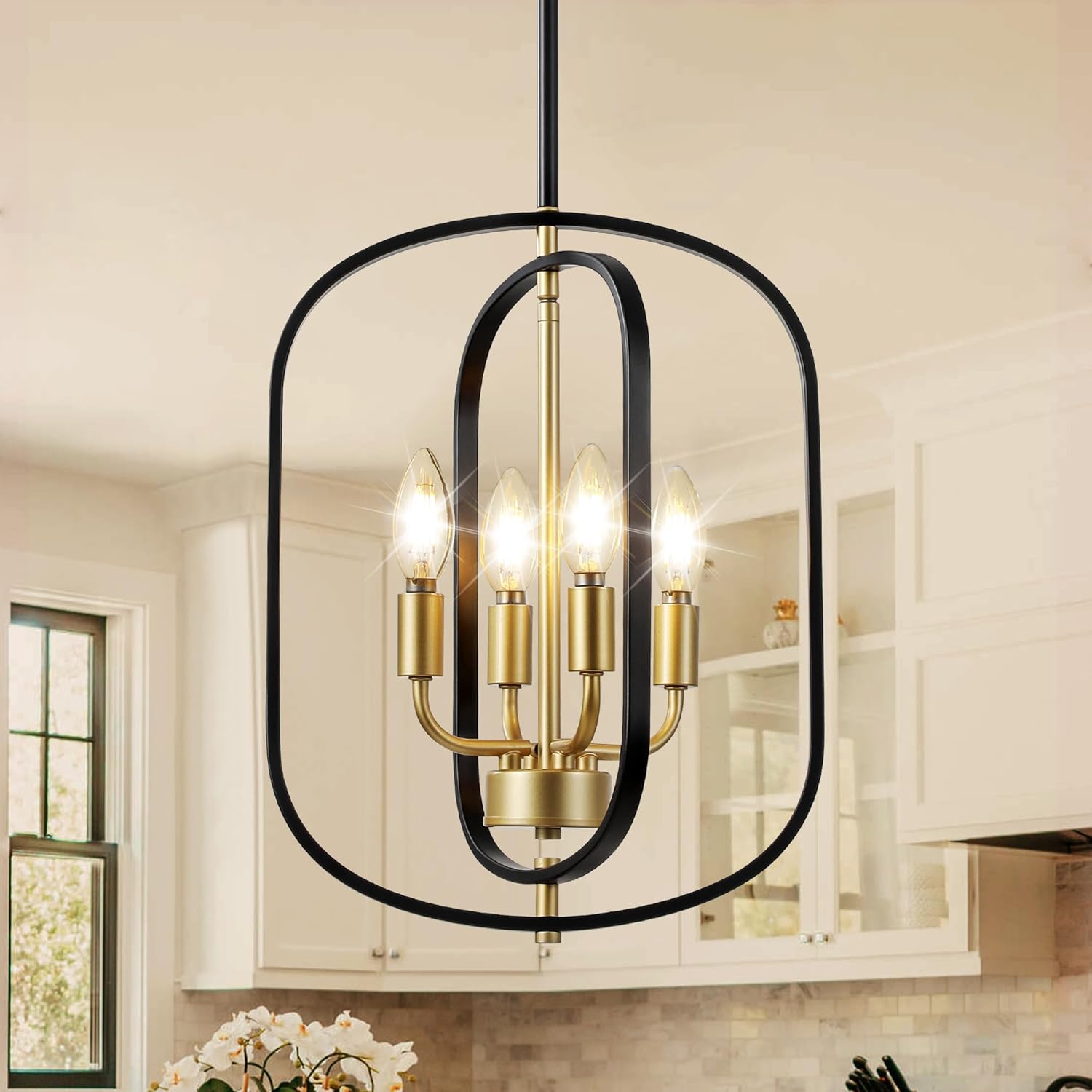 Modern Black and Gold Chandelier for Entryway, 4-Light Small Geometric Dining Room Light Fixture Over Table,Industrial Metal Hanging Pendant Lights for Kitchen Island, Staircase,Foyer