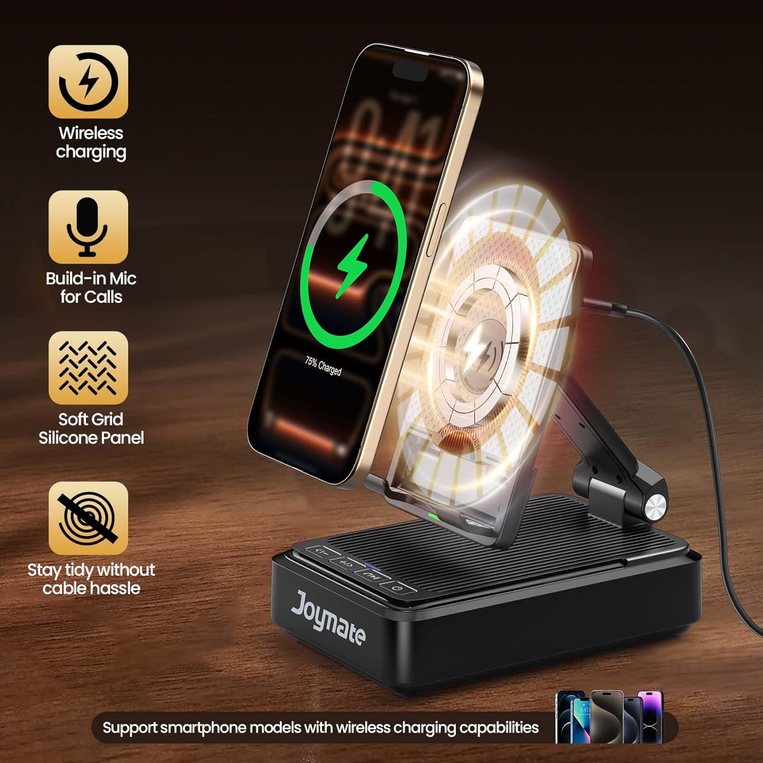 Gifts for Men and Women, Wireless Phone Charger Stand with Bluetooth Speaker and Adjustable Angle Phone Holder for Desk Tech Gift for Birthday/Valentines Day/Christmas(Black) - Image 3