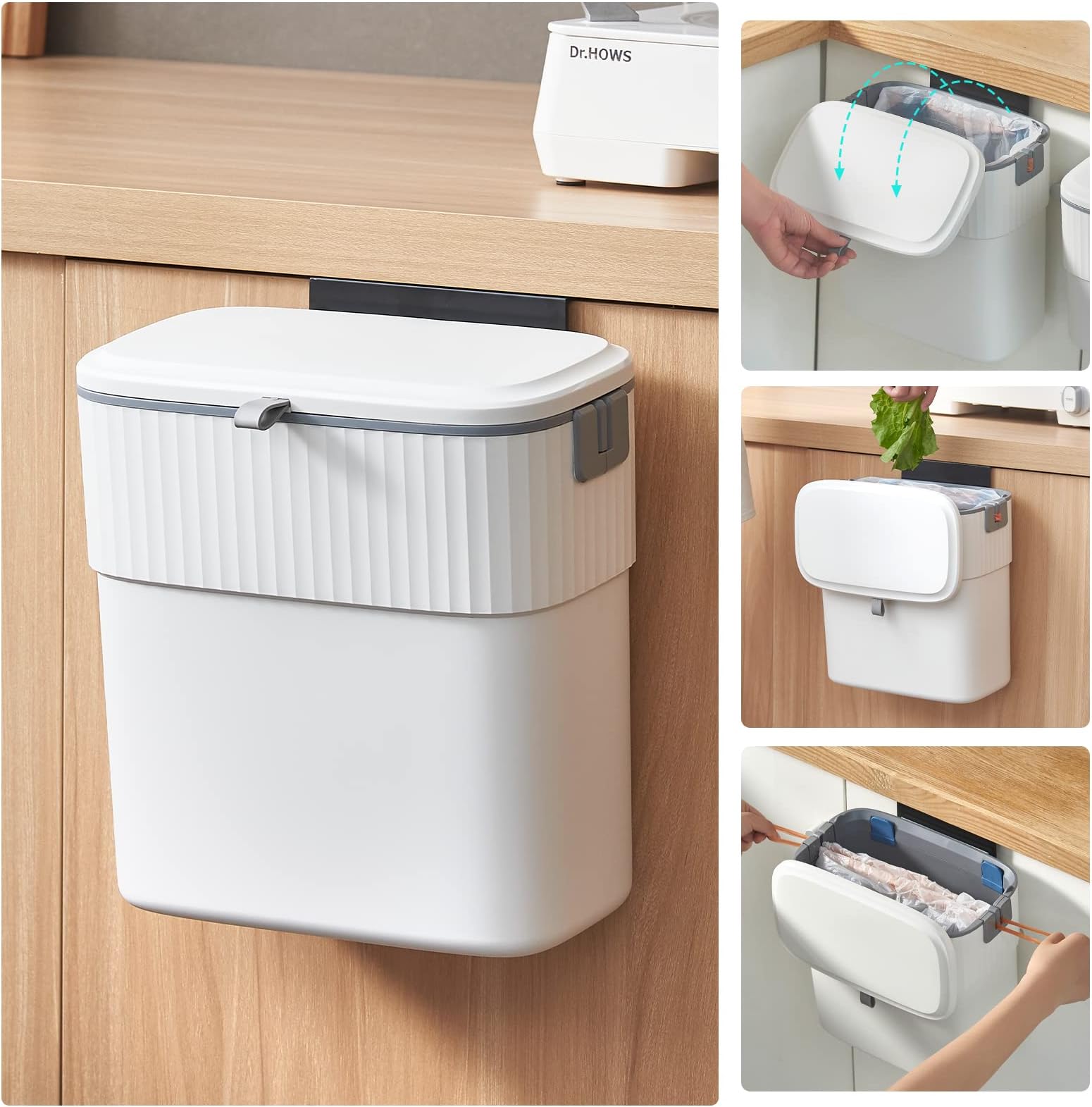 ELPHECO Hanging Small Waste Bin with Lid for Kitchen Cabinet Door, 2.5 Gallon Kitchen Compost Bin for Under Sink, Plastic Wall-Mounted Waste Bin